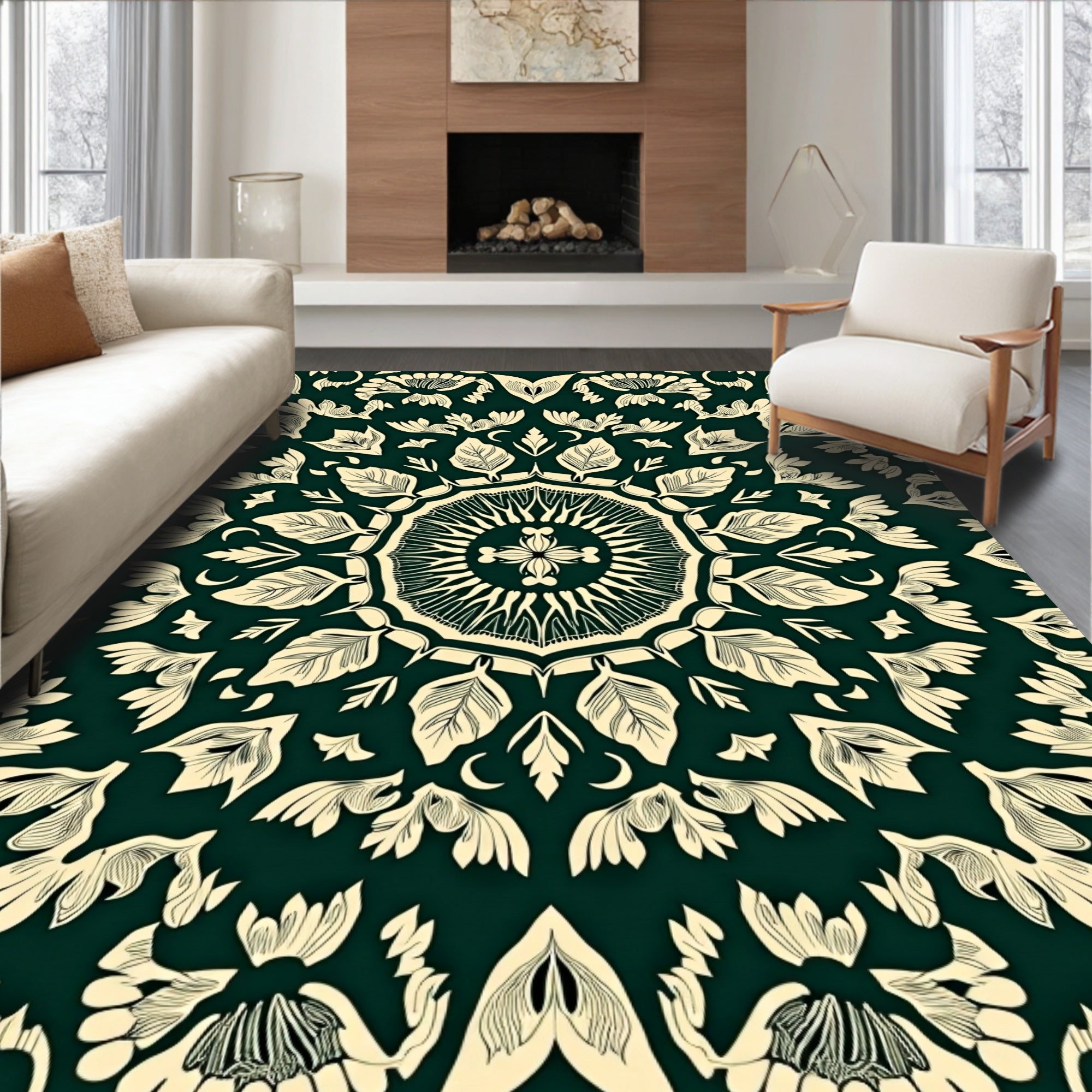 Ivory Botanical Mandala On Deep Green Rug