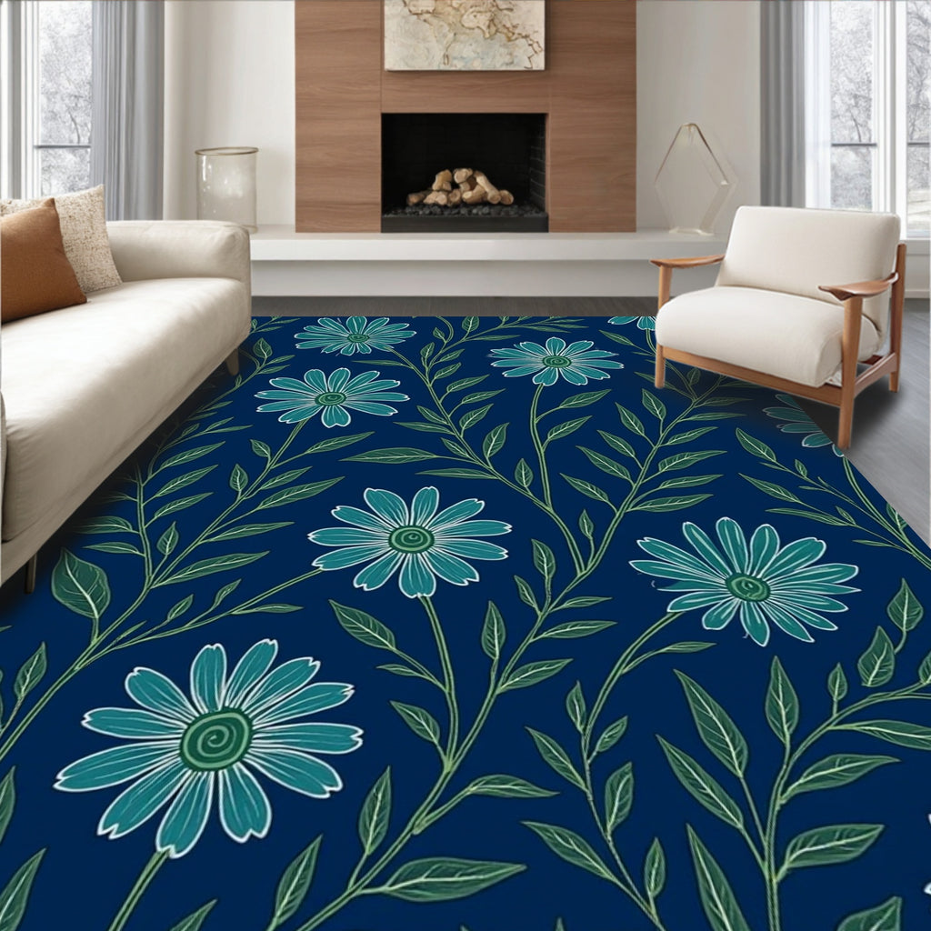 Coastal Daisy Pattern With Navy Background Rug