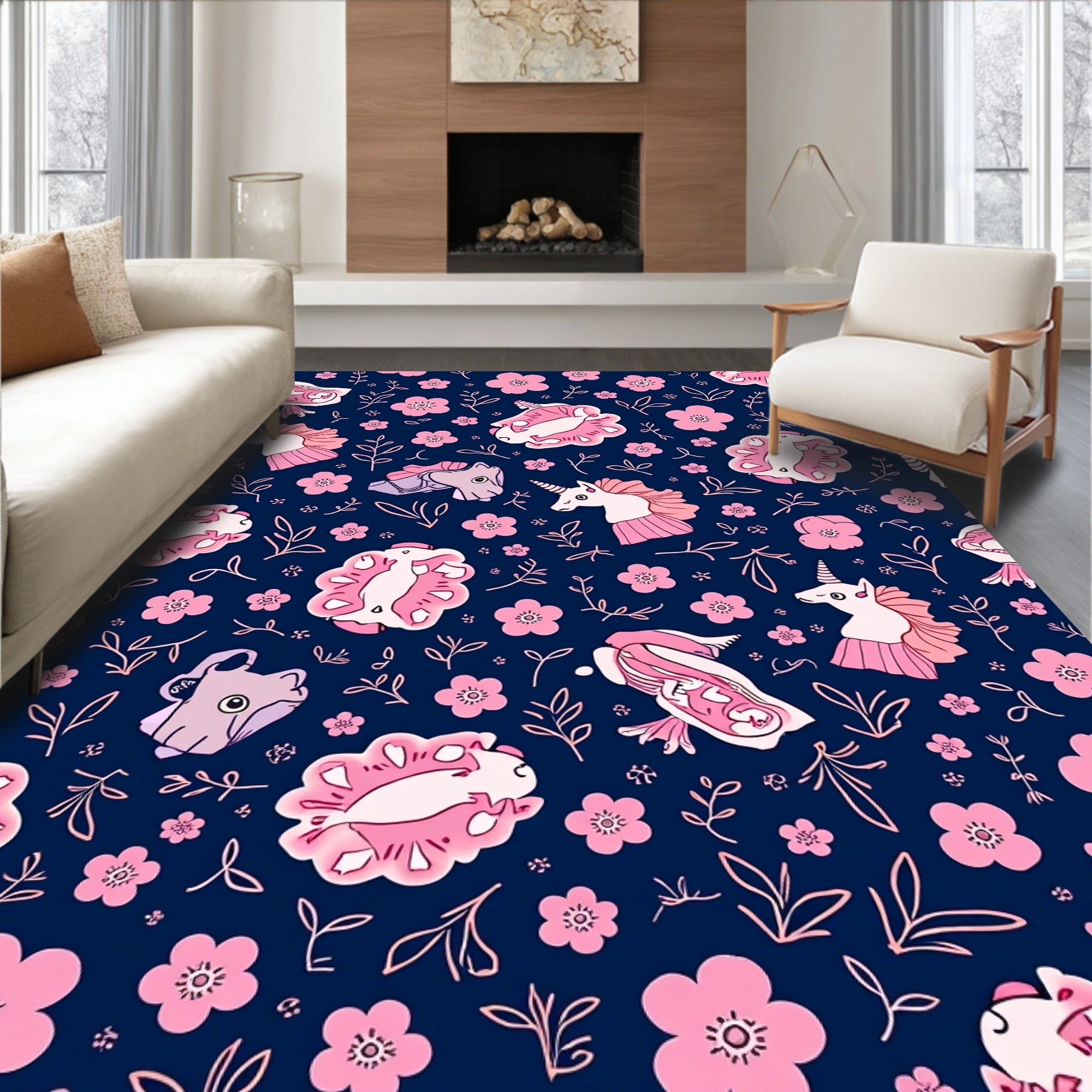 Whimsical Unicorn Floral Navy Rug