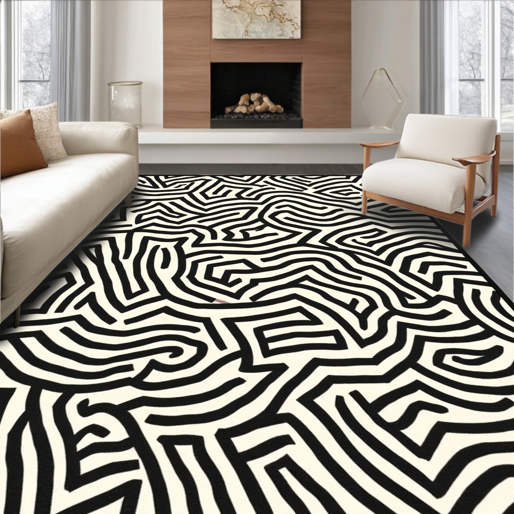 Abstract Black And White Maze Pattern Rug