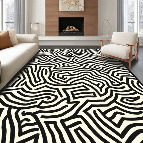 Abstract Black And White Maze Pattern Rug