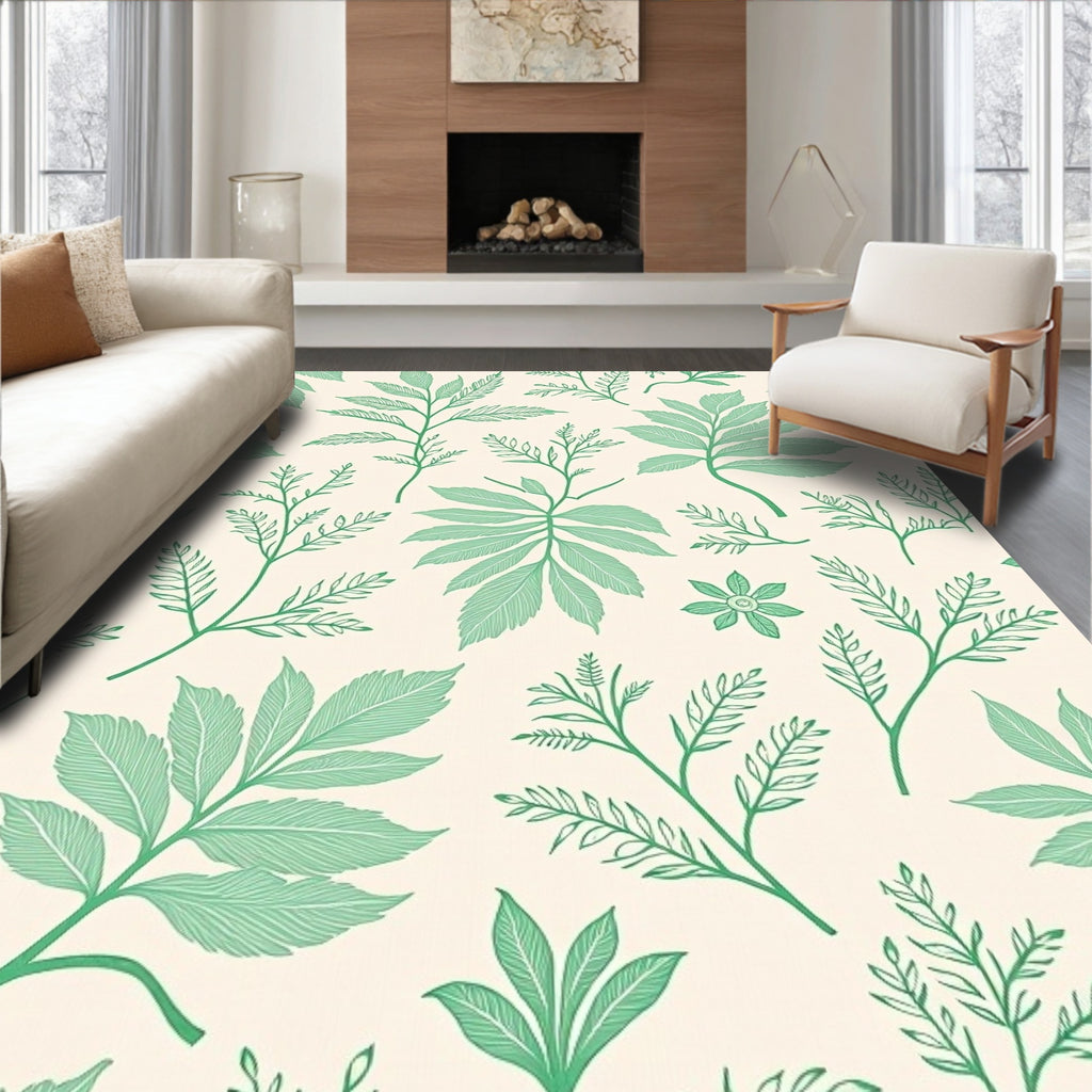 Green Botanical Linen Print Rug