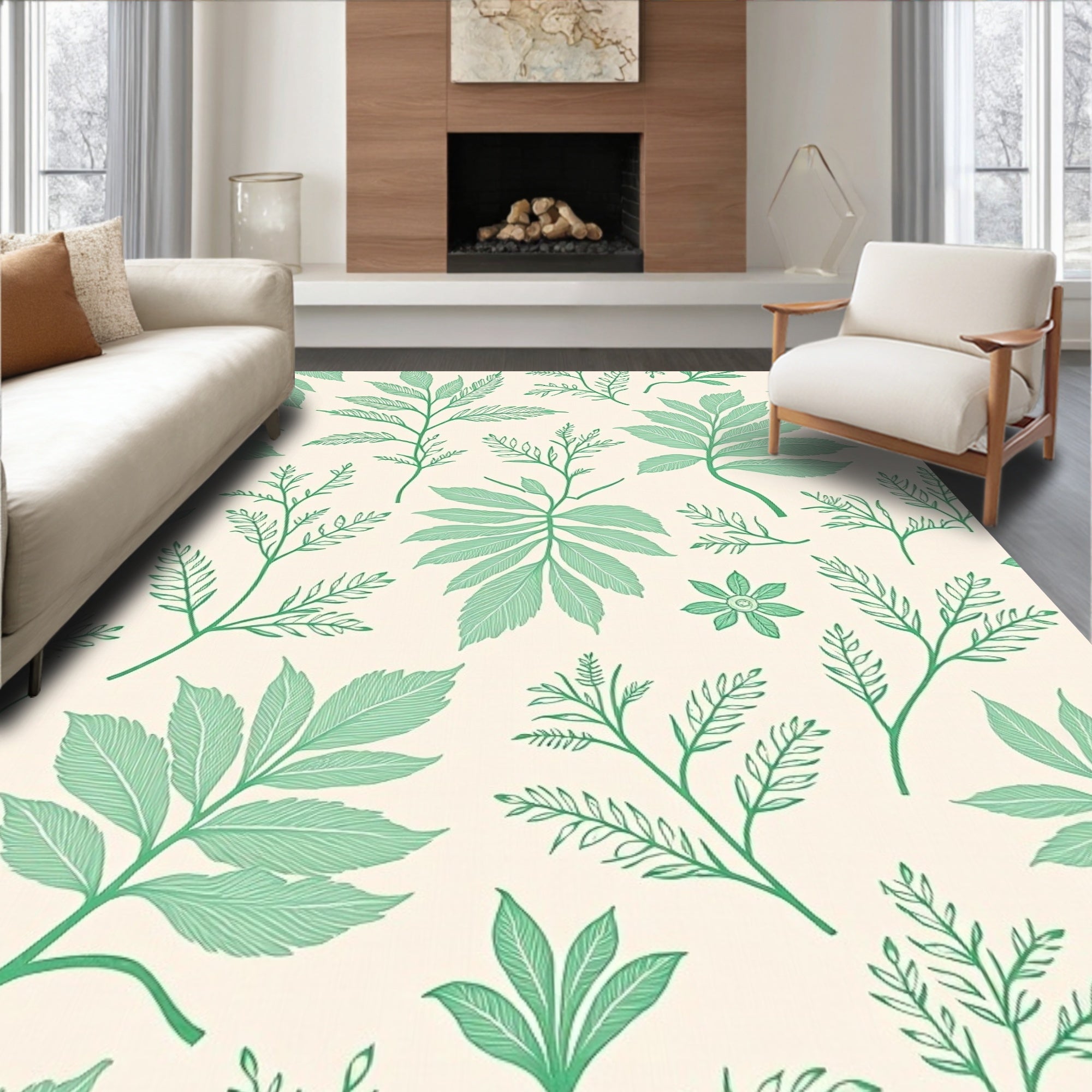 Green Botanical Linen Print Rug