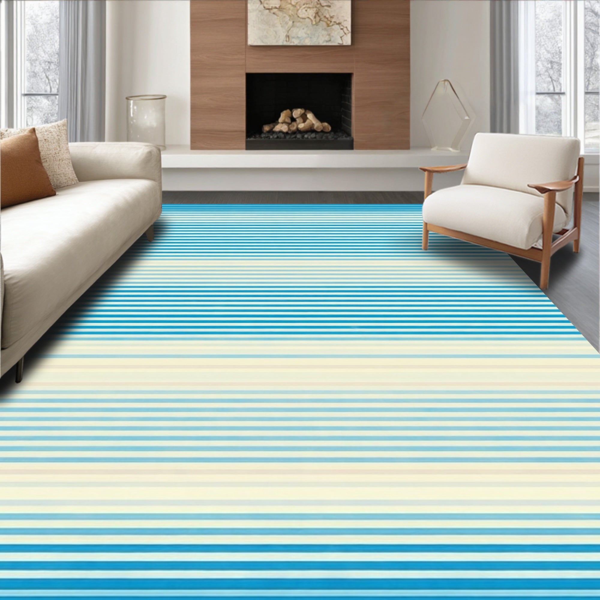 Modern Blue And White Striped Design Rug