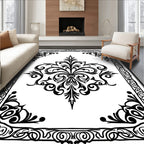 Black White Ornate Floral Swirls Design Rug