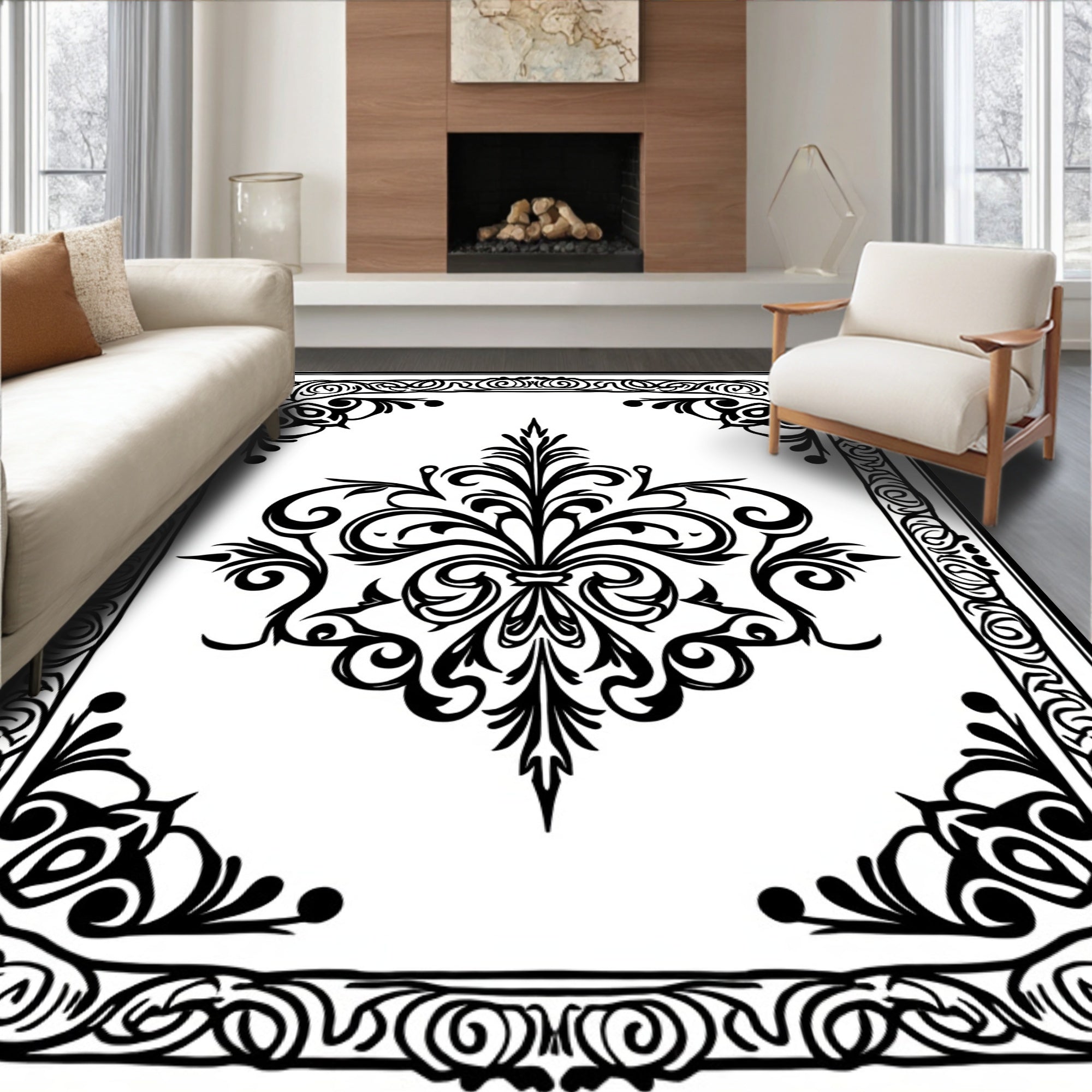 Black White Ornate Floral Swirls Design Rug