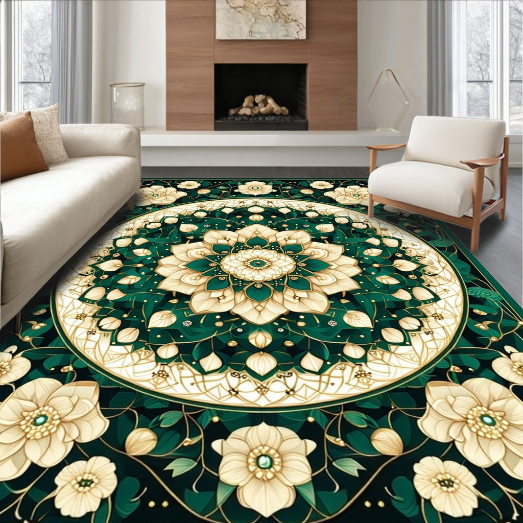 Elegant Emerald Floral Mandala Design Rug