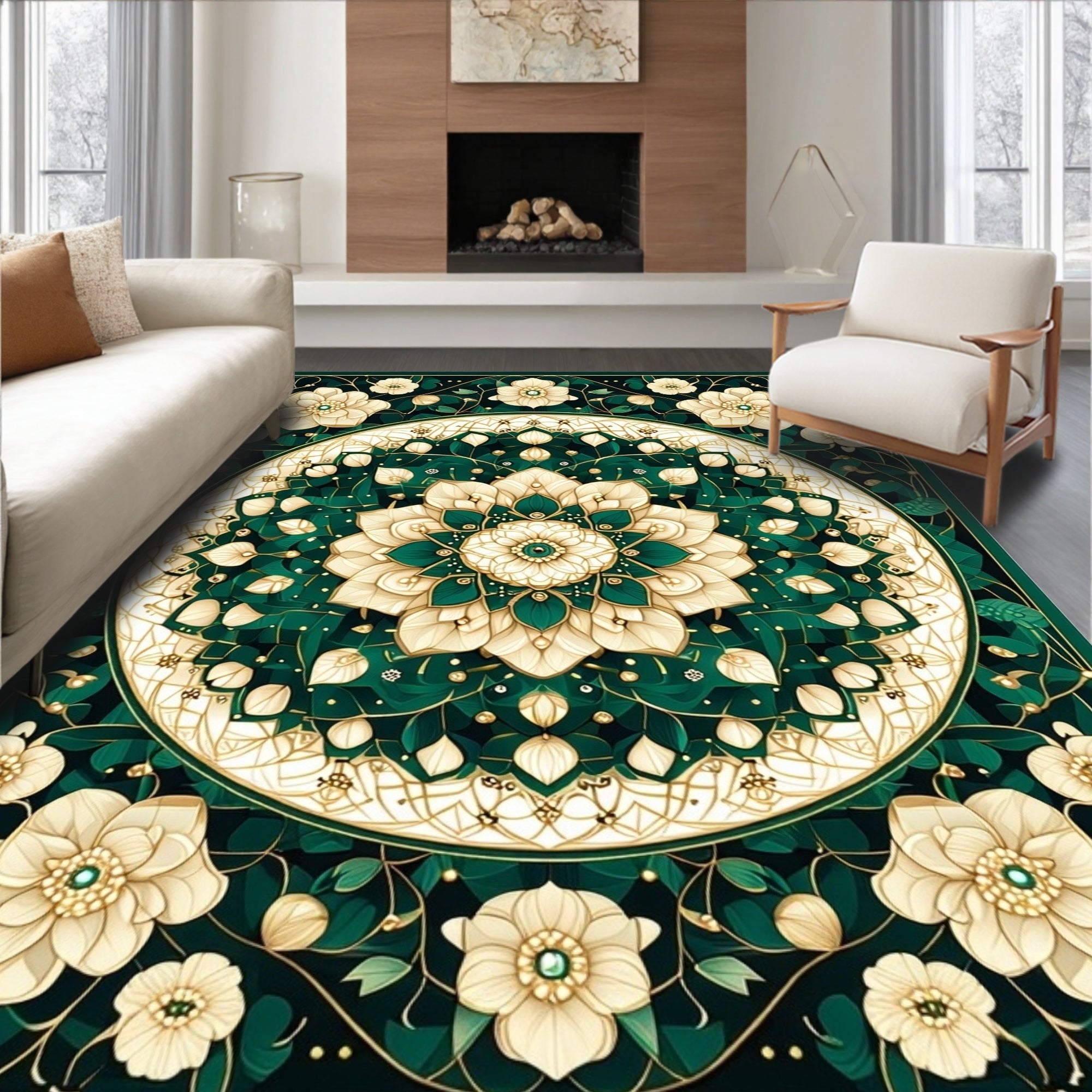 Elegant Emerald Floral Mandala Design Rug