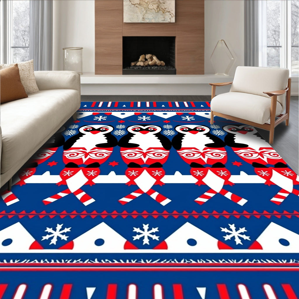 Red Blue White Penguin Snowflakes Christmas Rug