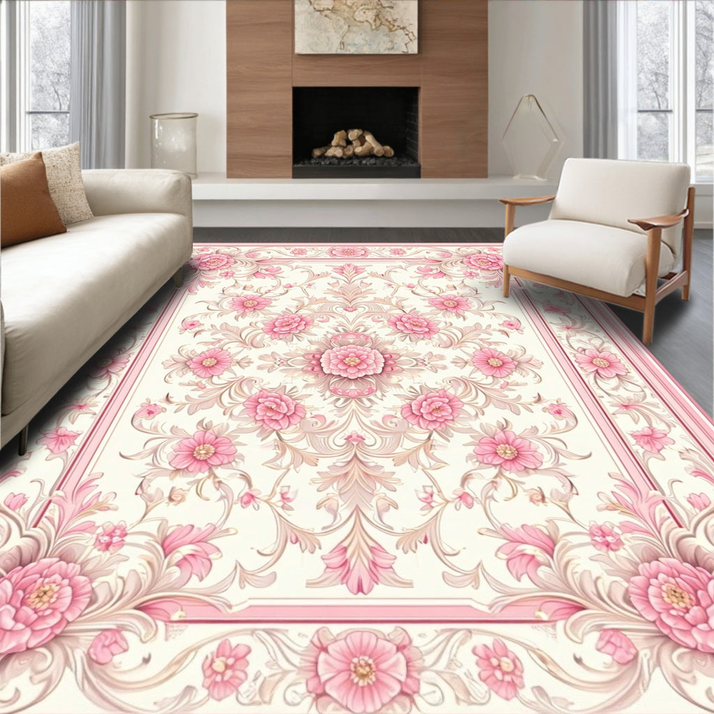 Soft Pink Floral Scrollwork Pattern Rug