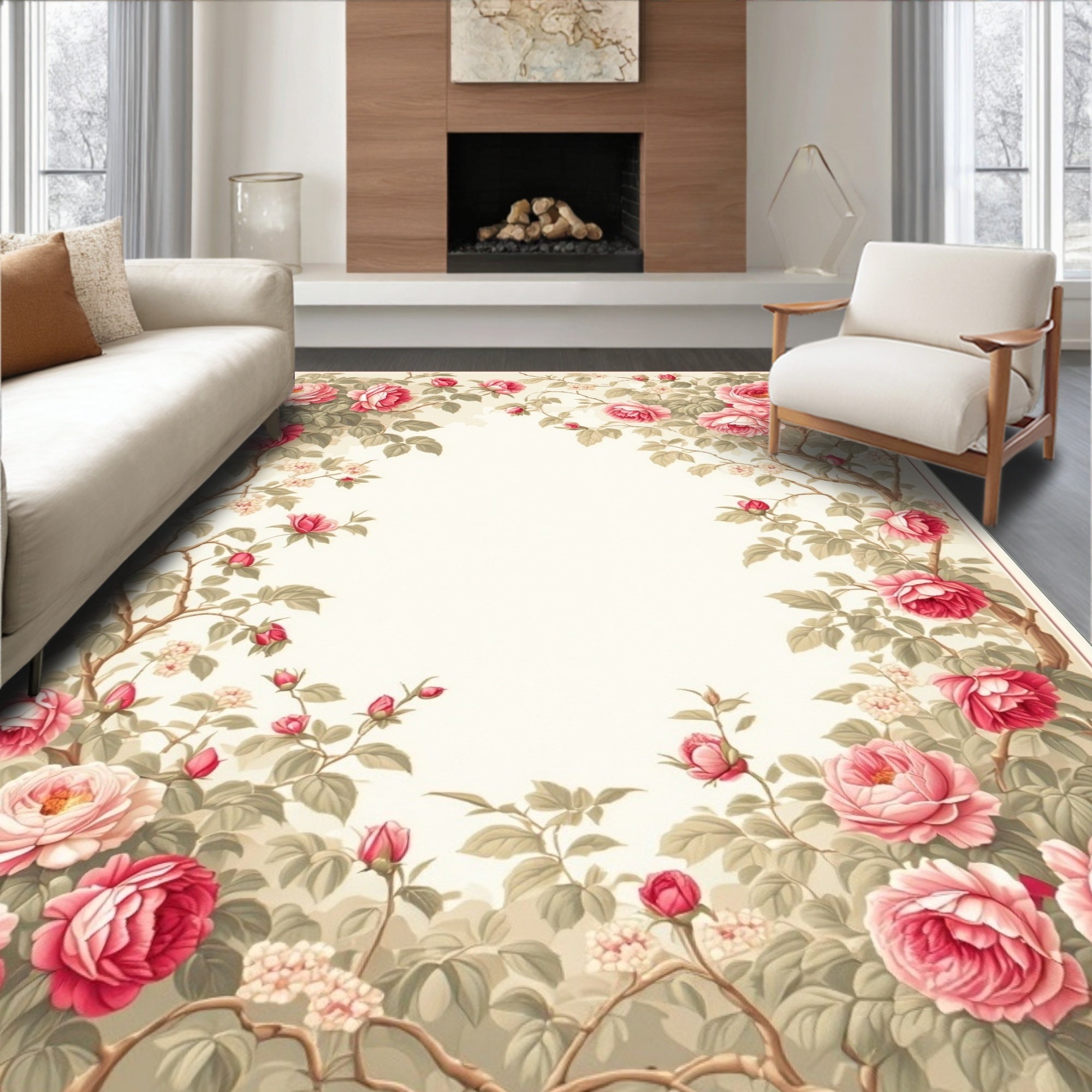Vintage Pink Roses Floral Vine Rug