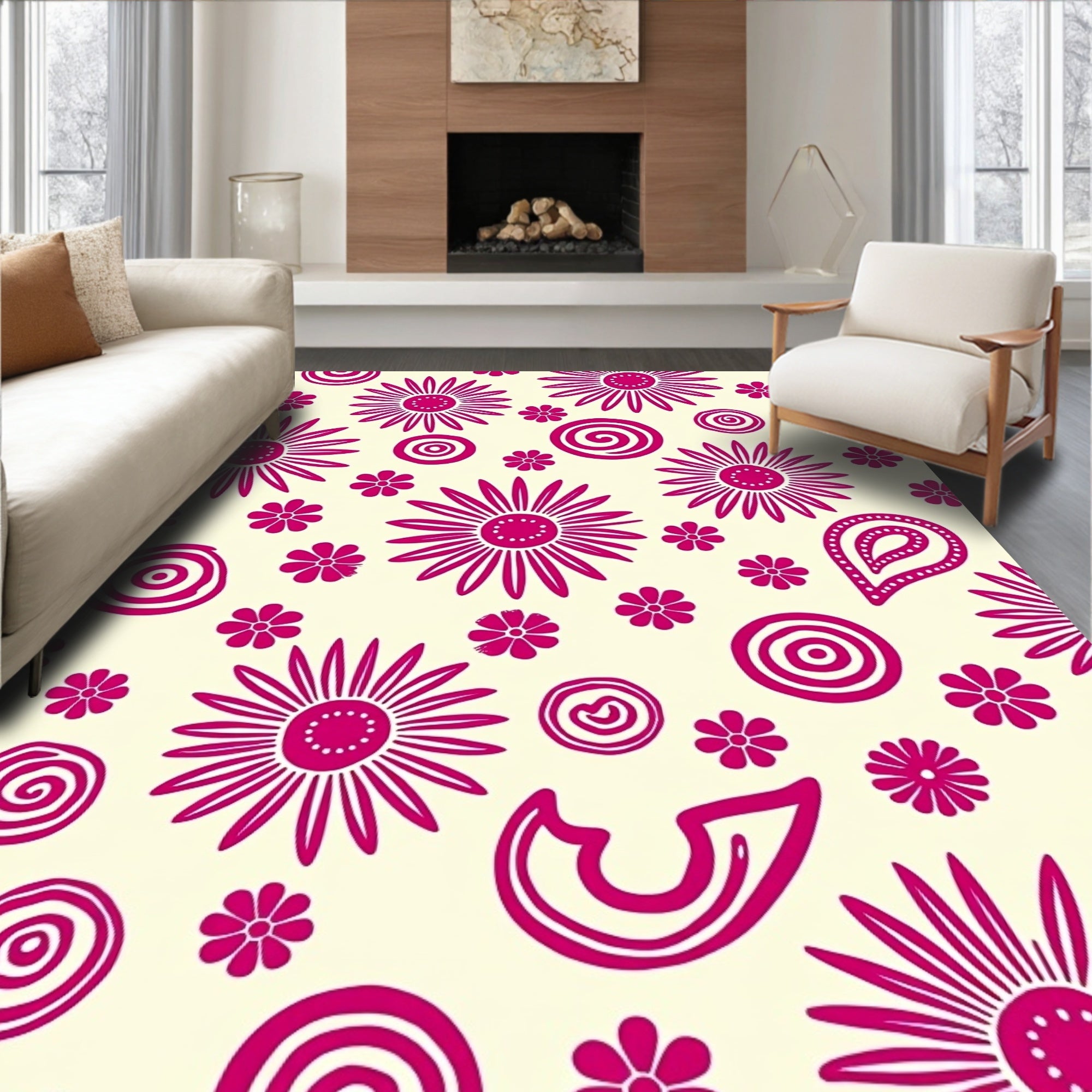 Charming Pink Flower Swirl Pattern Rug