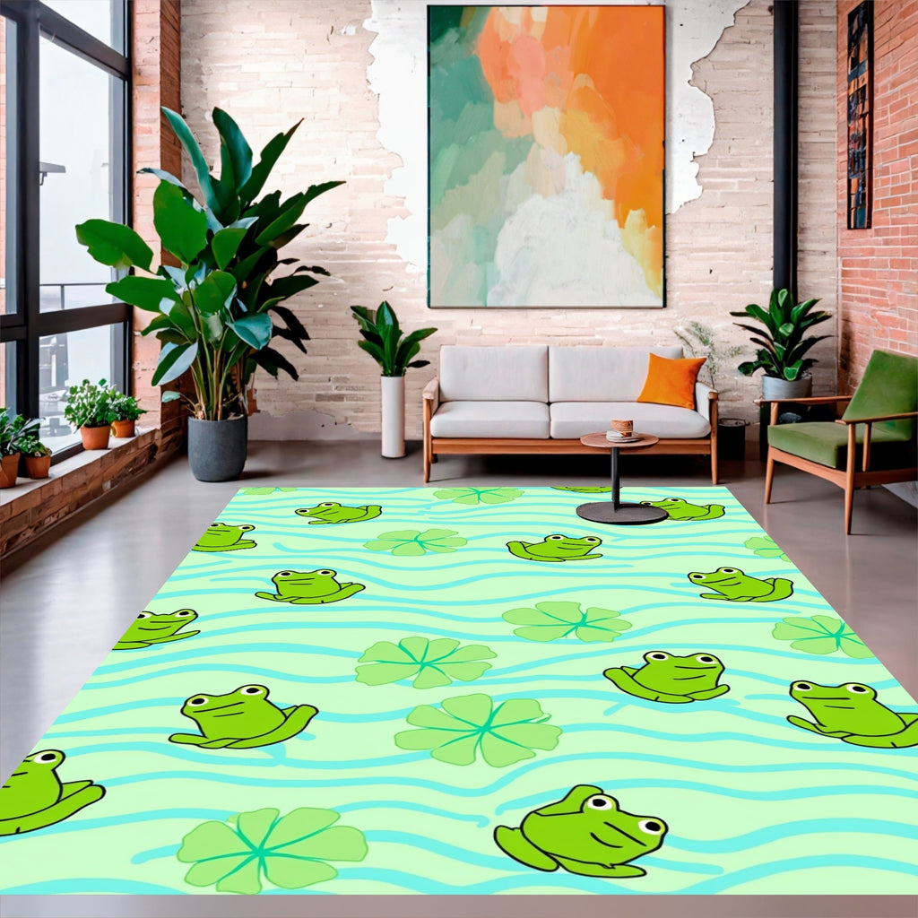 Playful Frogs Water Lily Pattern Rug