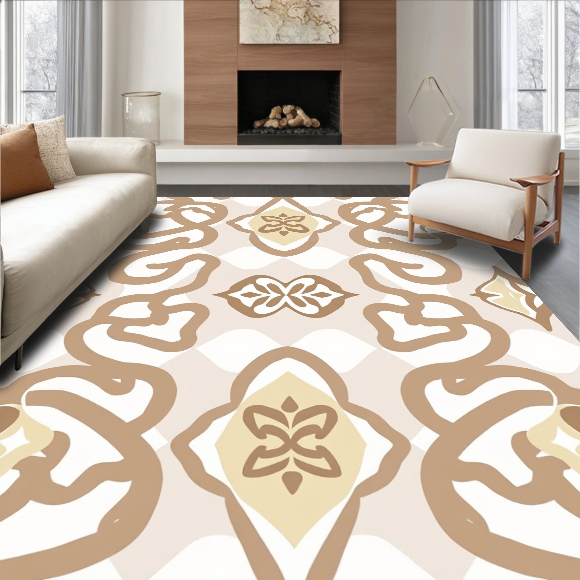 Tan And Cream Paisley Patterned Rug