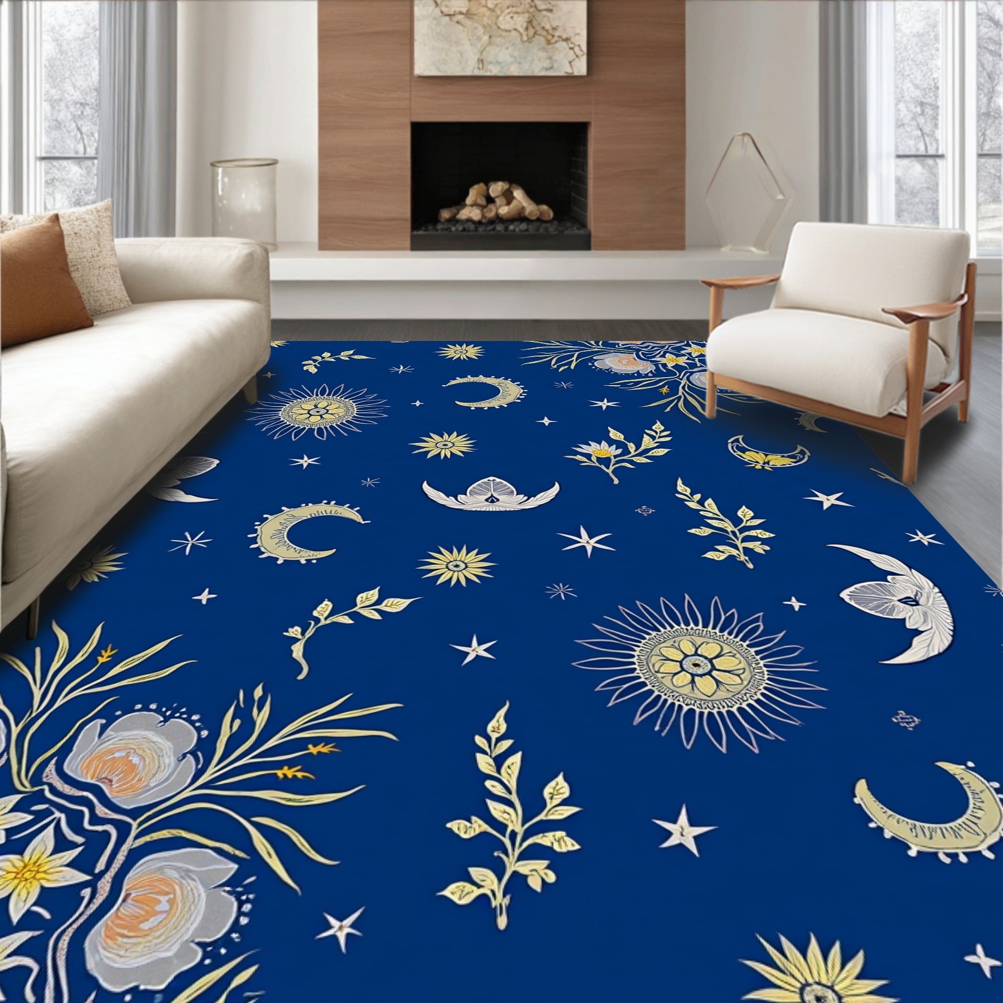 Celestial Night Sky Floral Pattern Rug