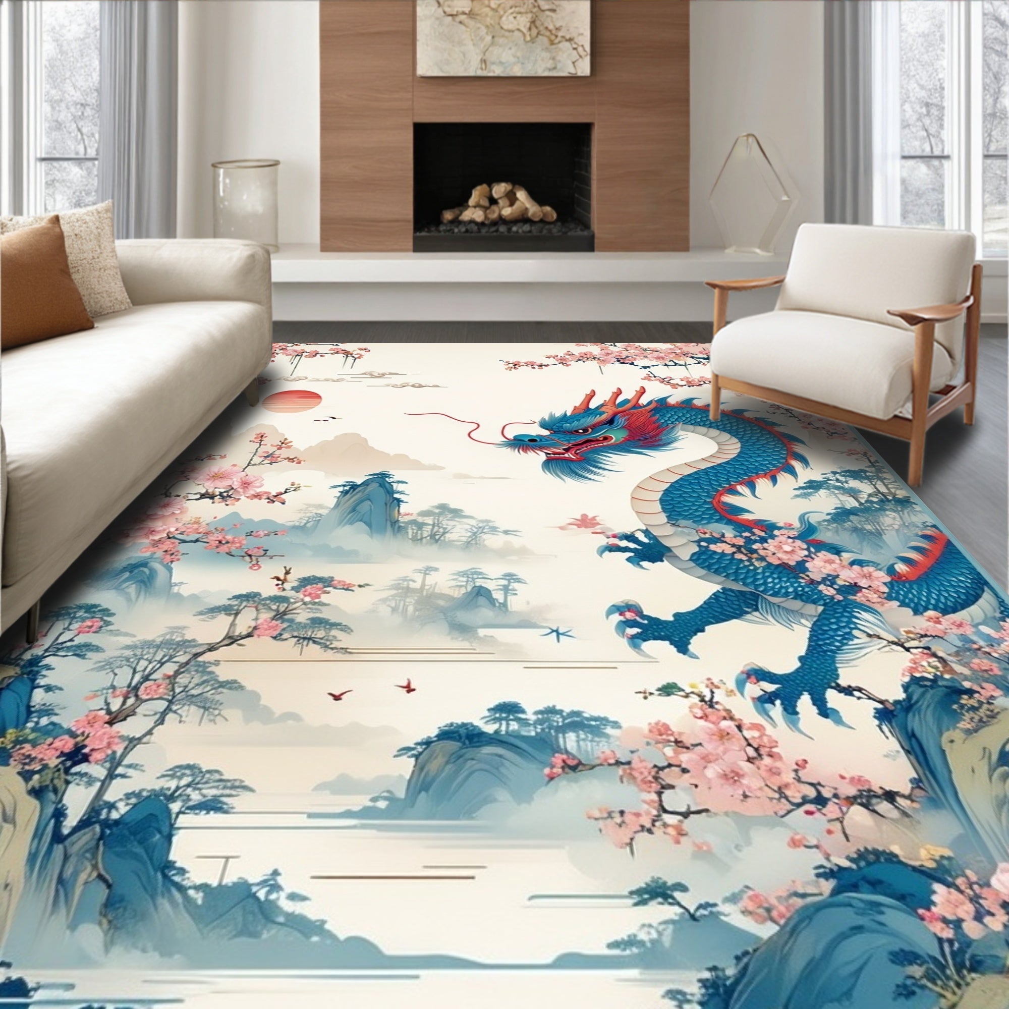 Dragon cherry blossom landscape art Rug
