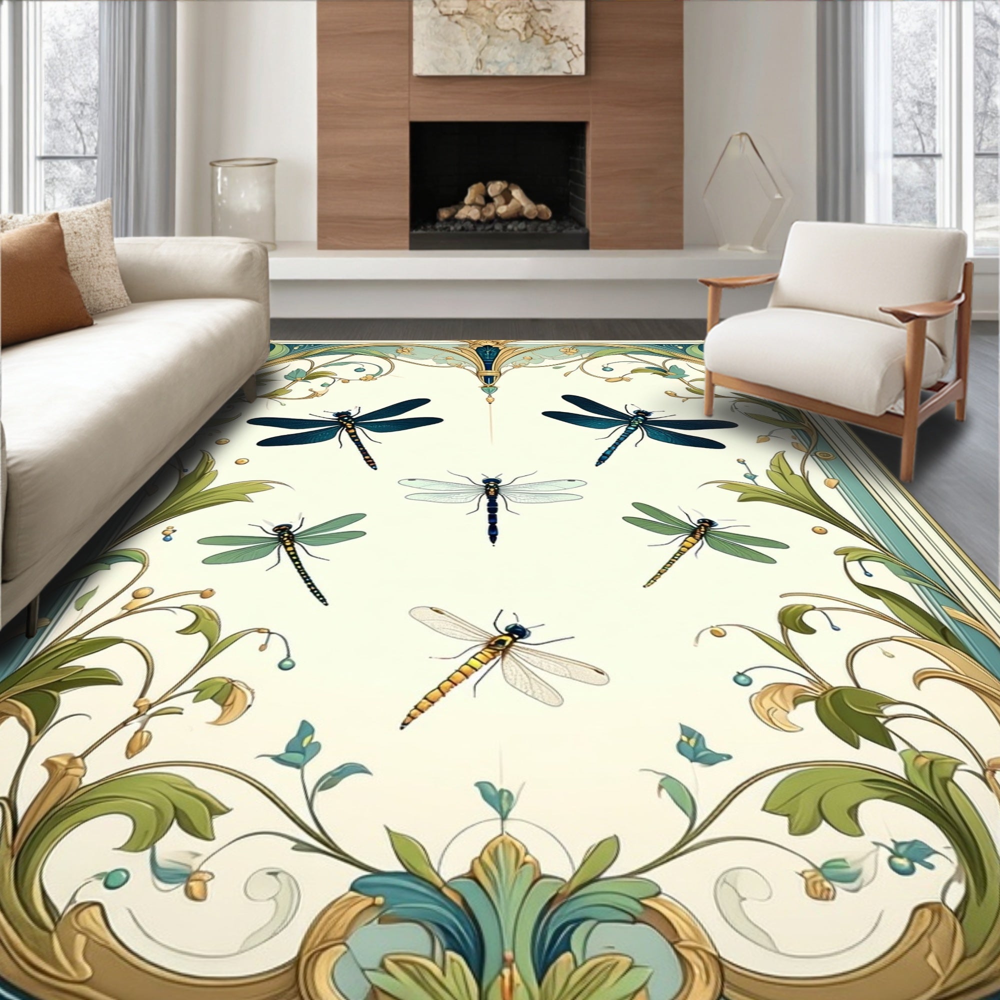 Dragonfly In Frame Floral Motif Design Rug