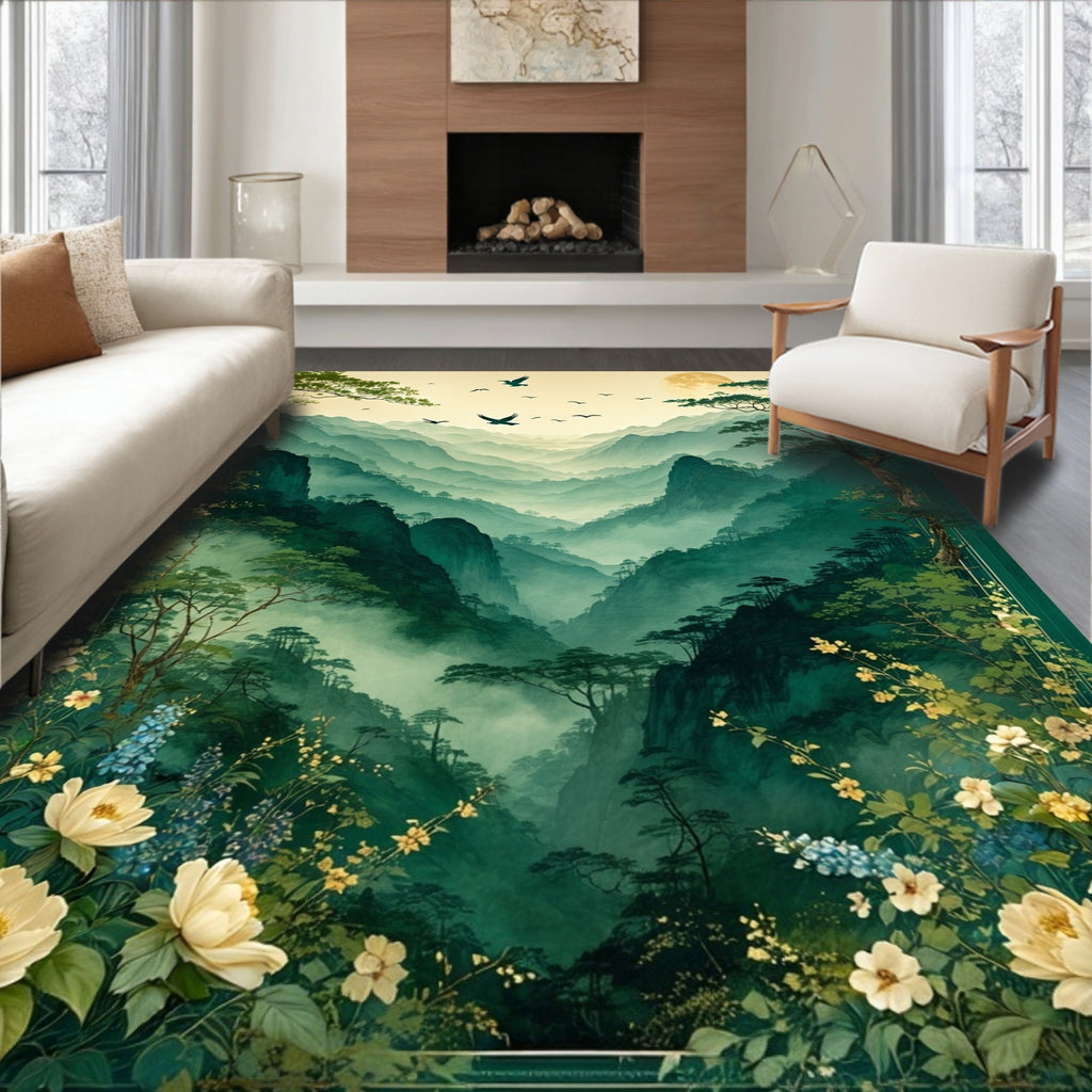 Misty Mountain Birds Floral Scene Rug