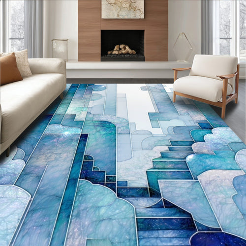 Abstract Blue White Geometric Design Rug