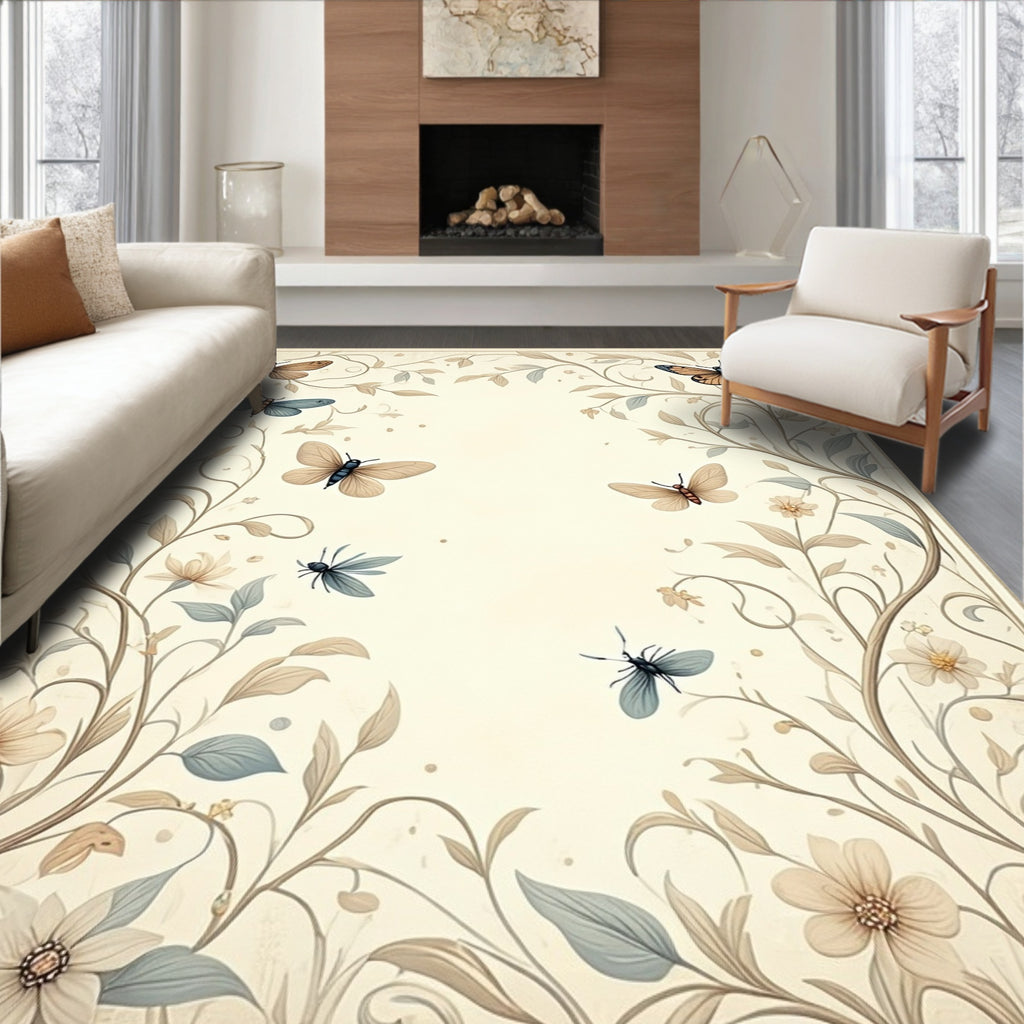 Soft Botanical Butterflies Filigree Design Rug