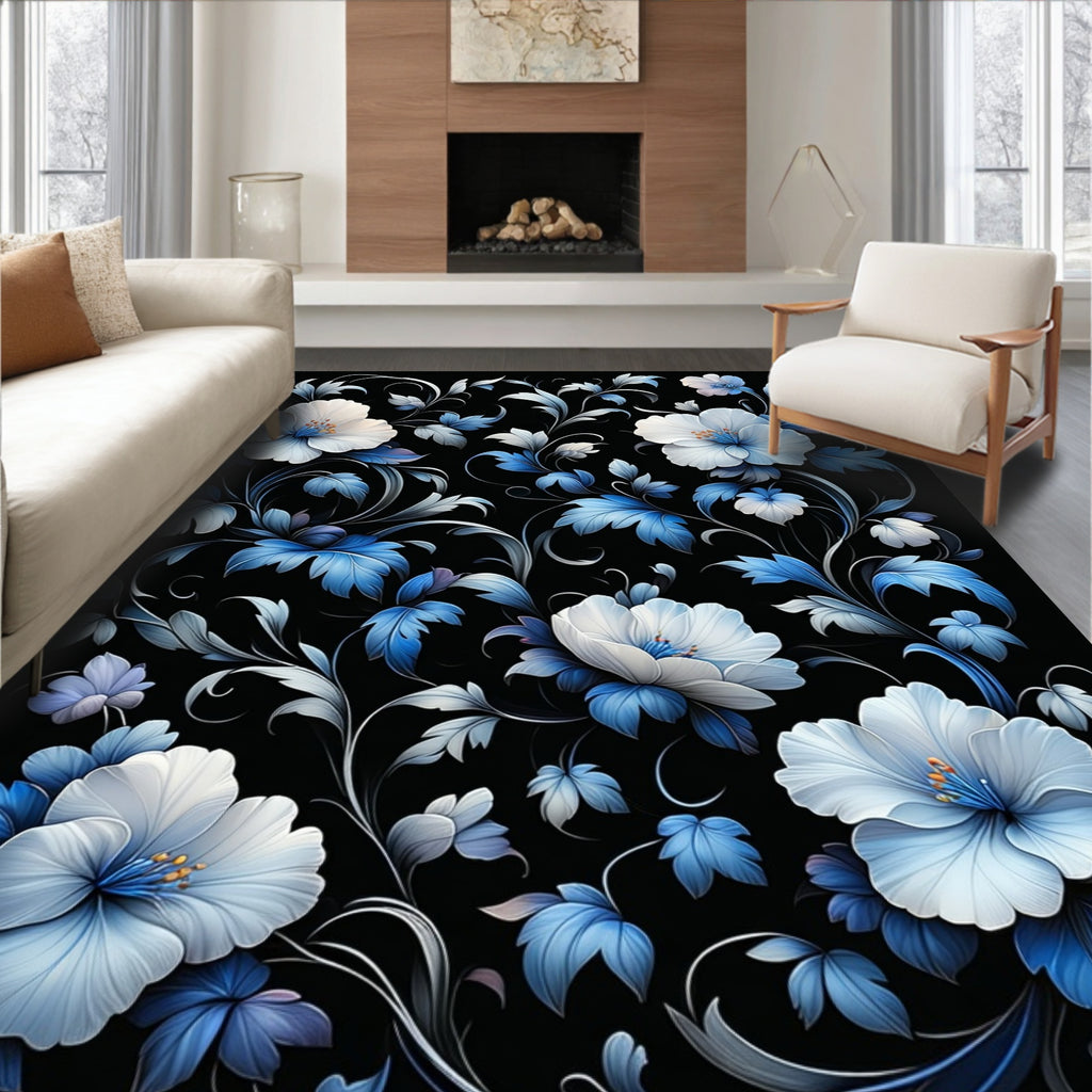 White Blue Floral Vine Pattern Rug
