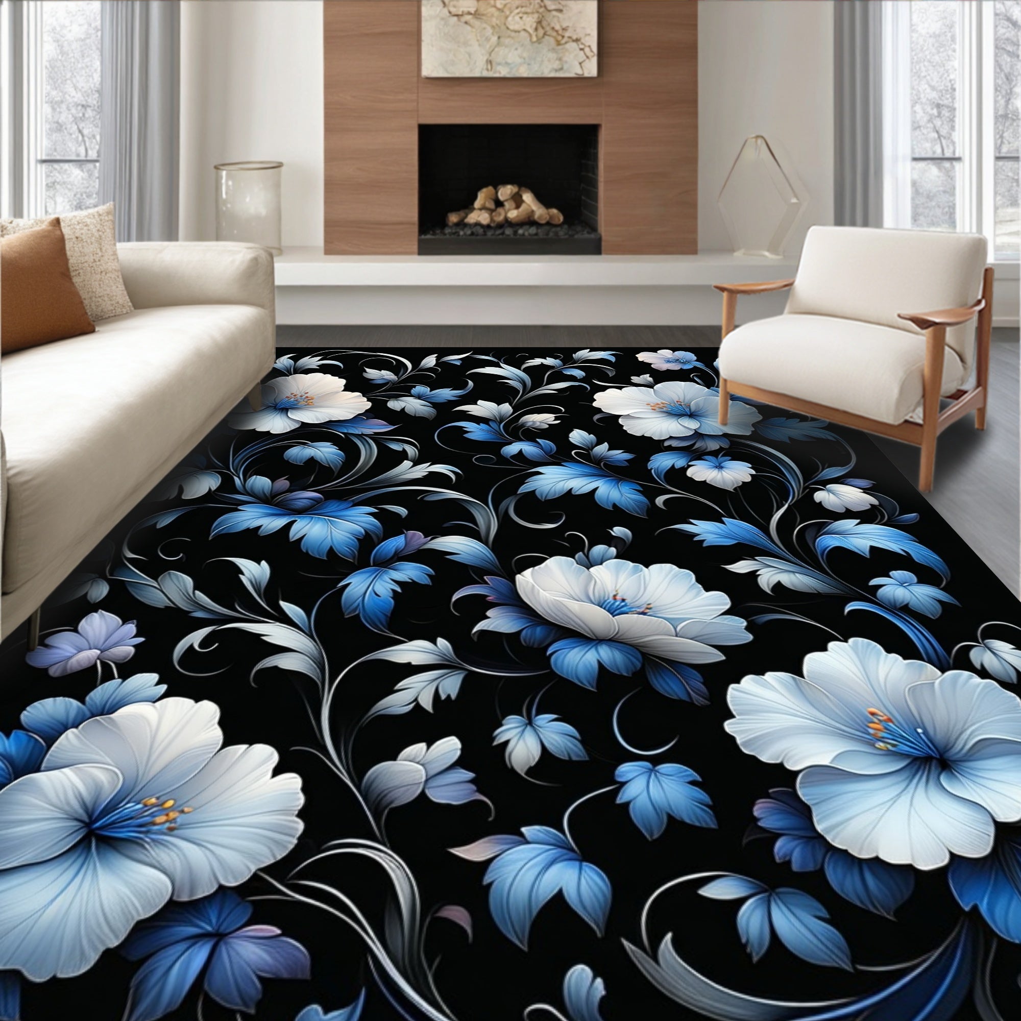 White Blue Floral Vine Pattern Rug