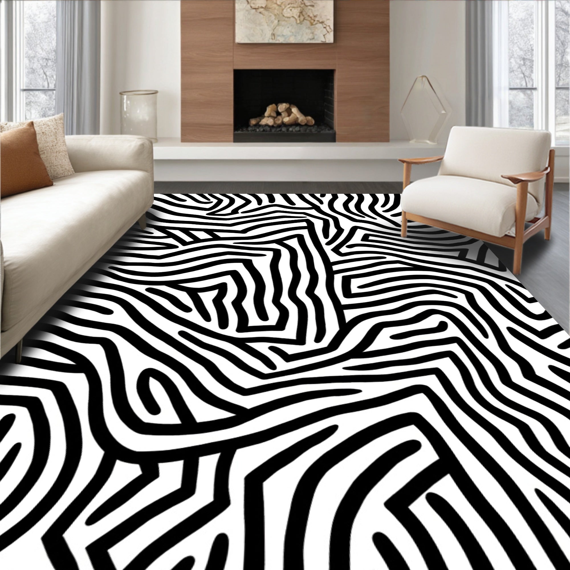 Black White Abstract Organic Lines Rug