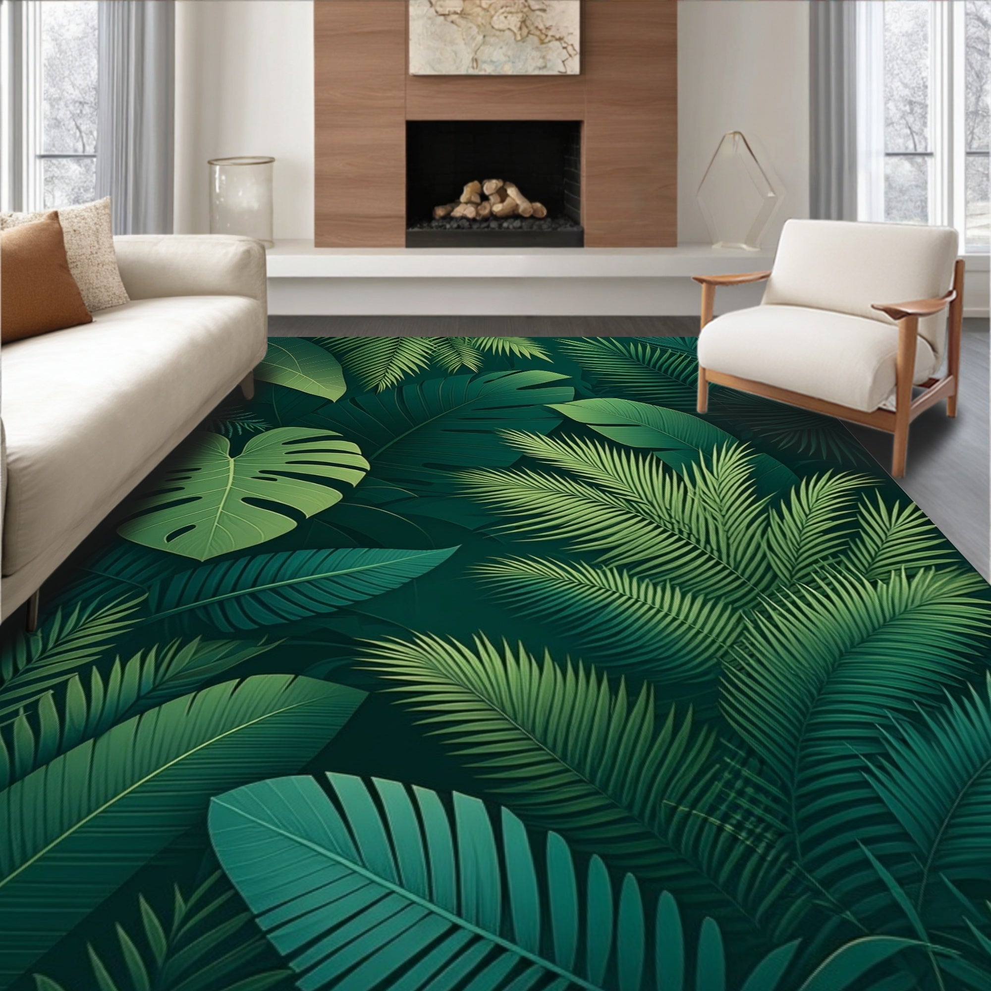 Tropical Green Leaf Pattern Rug