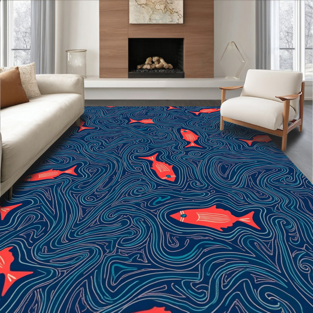 Coral Fish With Wavy Aquamarine Flow Rug