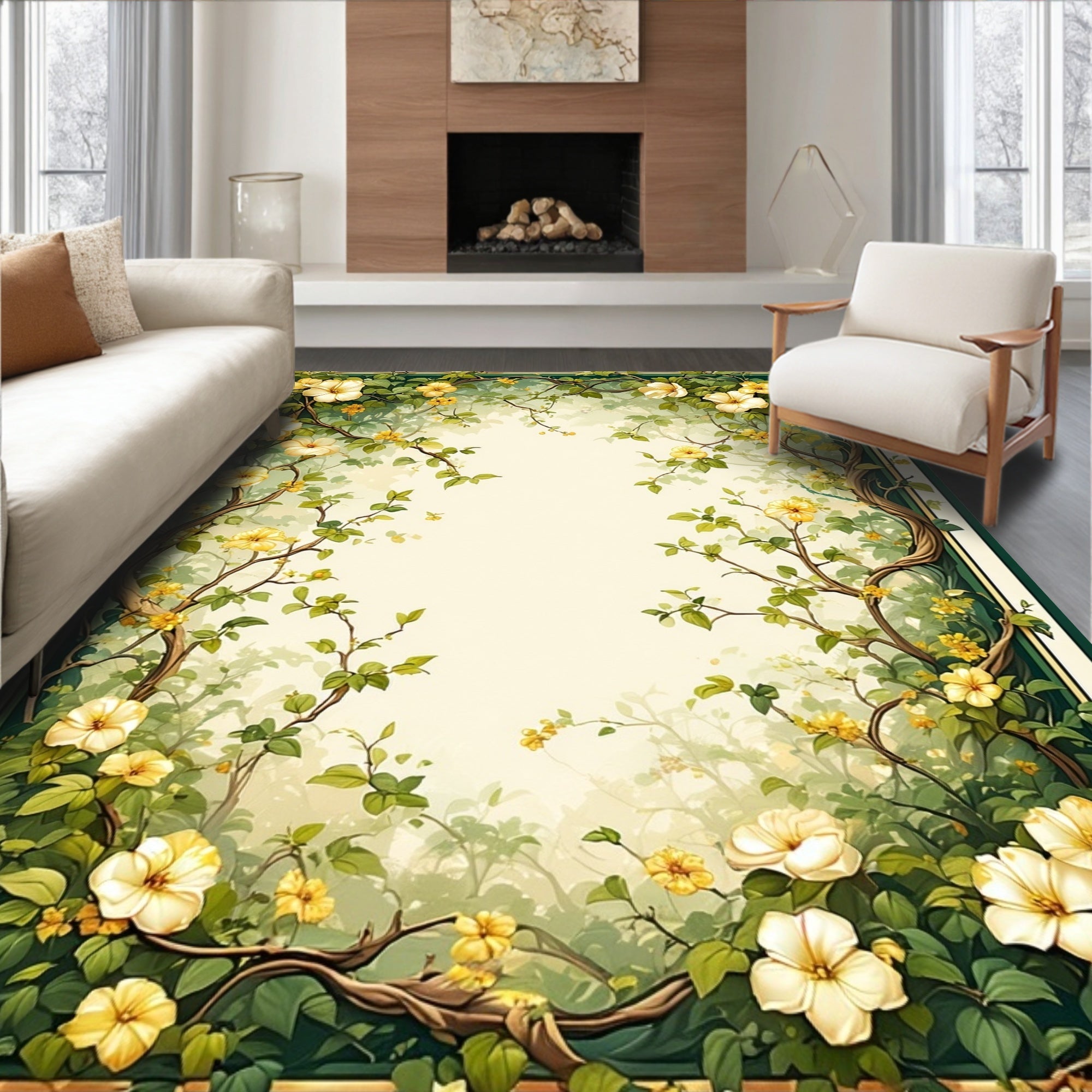 Vines Yellow Flowers Botanical Design Rug