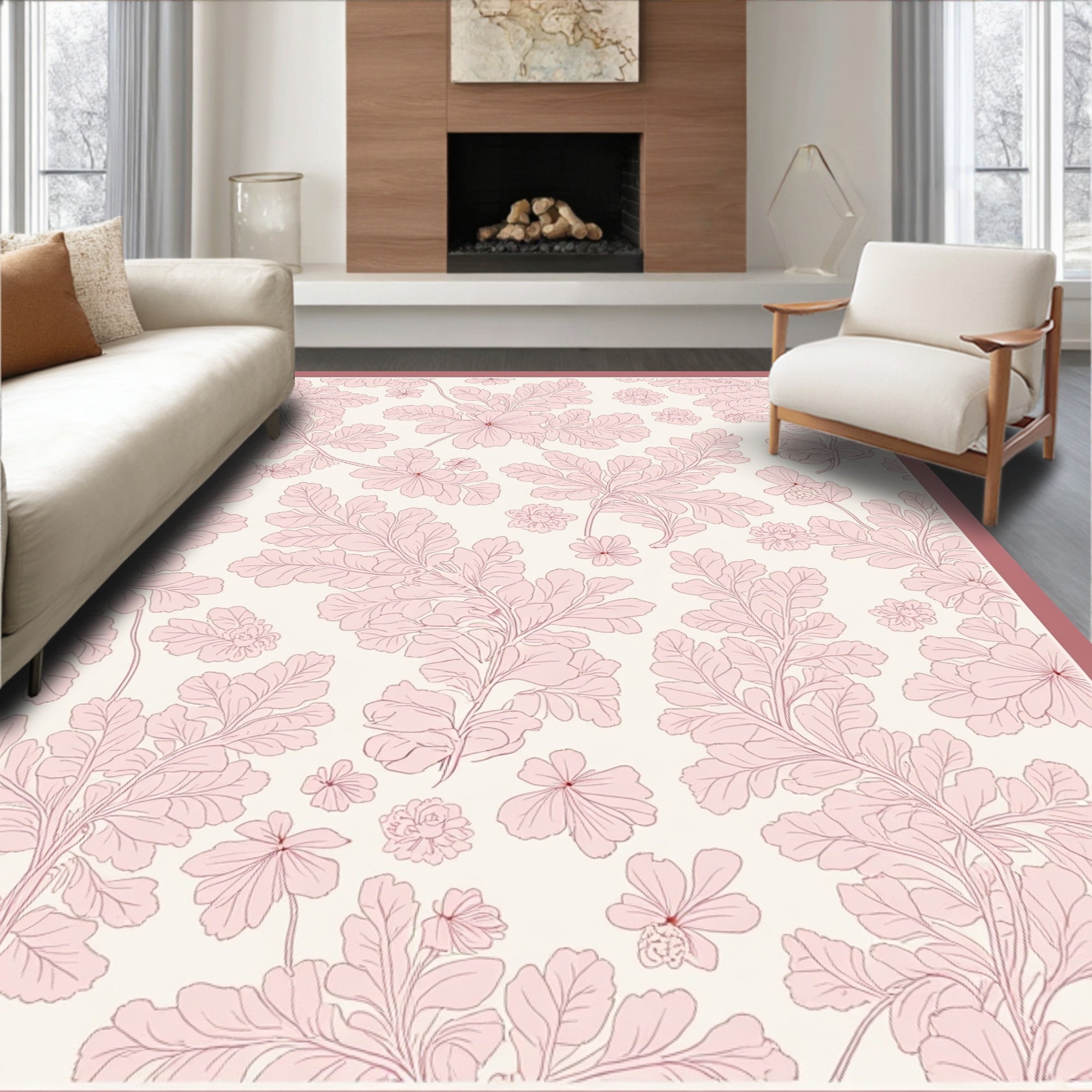 Delicate Pink Floral Botanical Design Rug