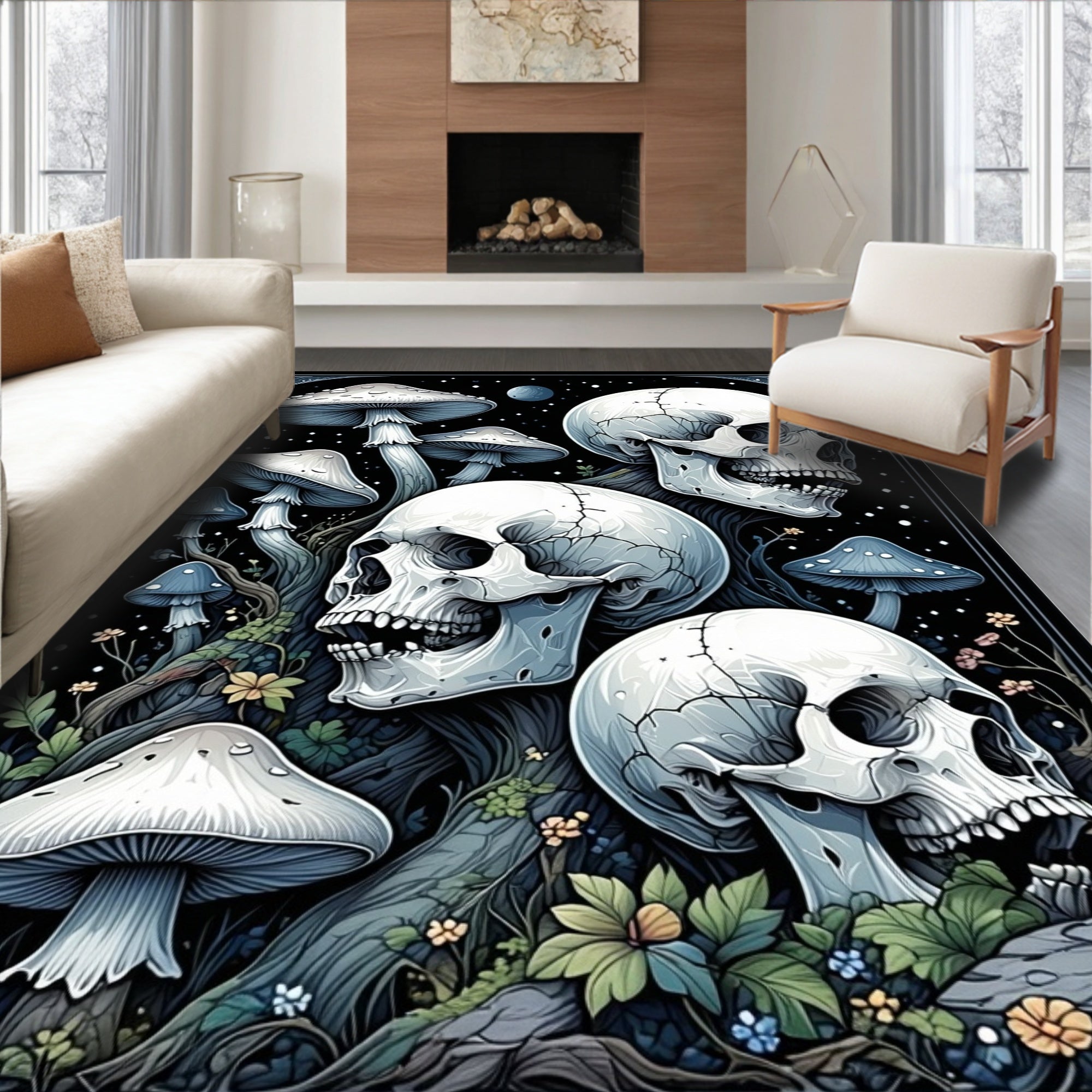 Whimsical Skull Mushroom Forest Rug