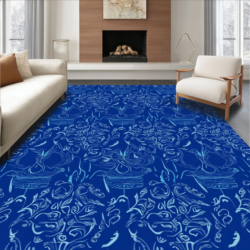 Intricate Pattern Abstract Blue Sketch Rug