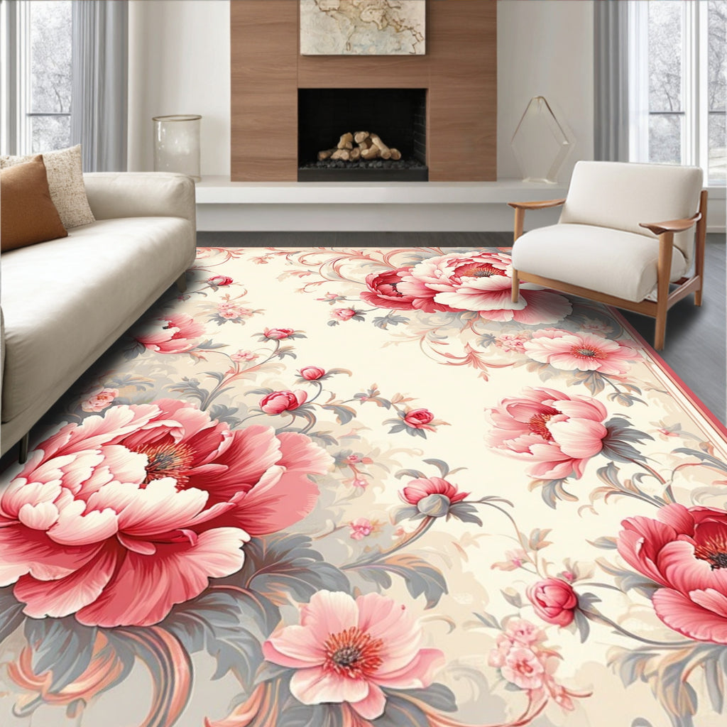 Elegant Pink Floral Scroll Pattern Rug