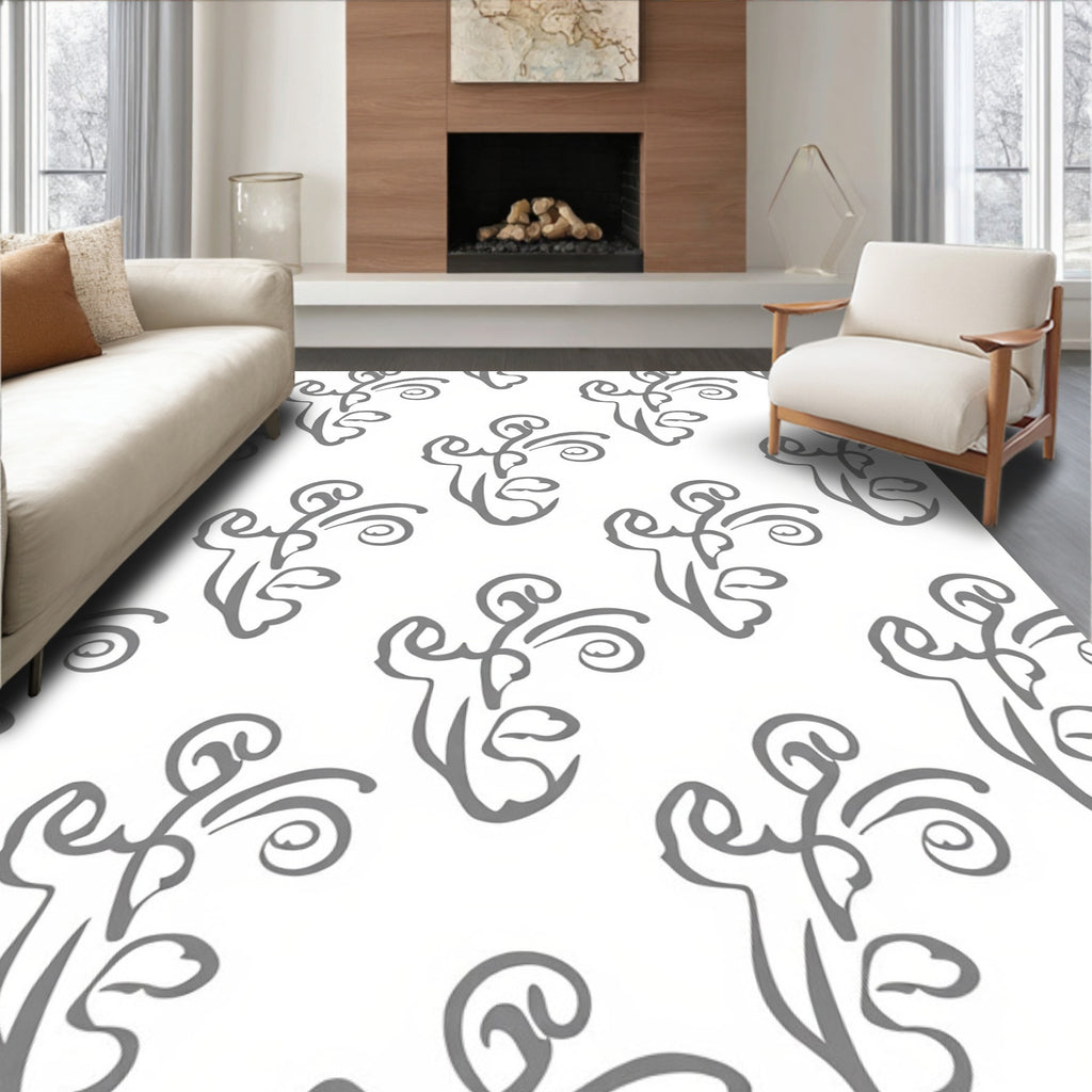 Delicate Gray Brushstroke Floral Pattern Rug