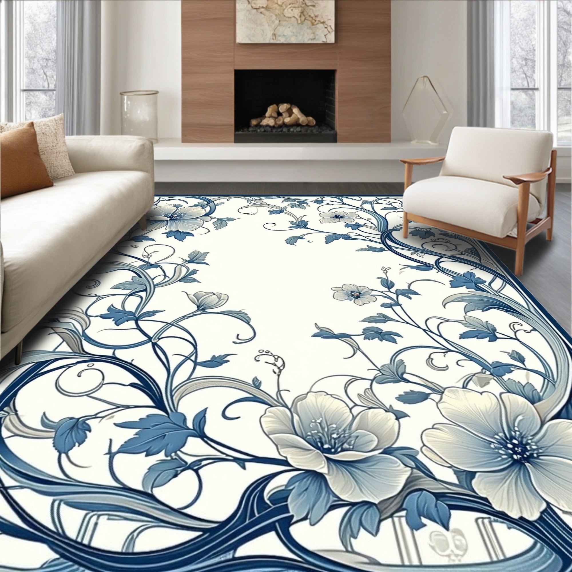 Elegant Blue Floral Vine Scroll Design Rug