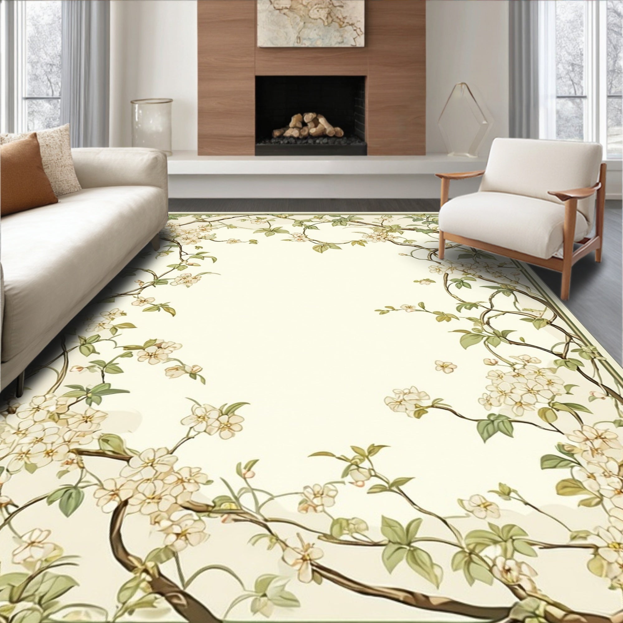 Delicate Floral Vine Creamy Background Rug