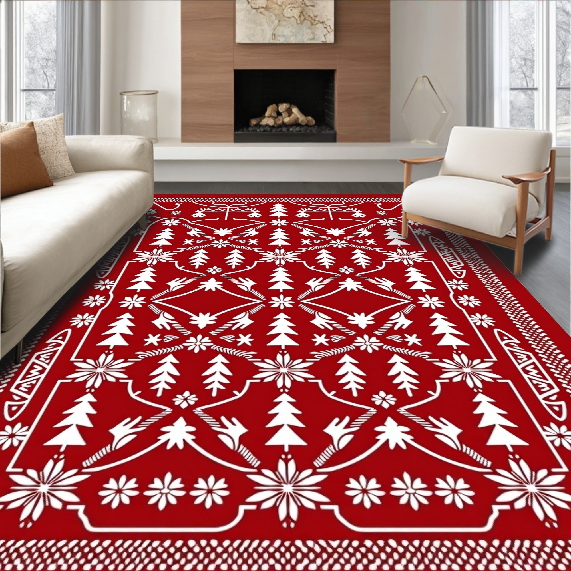 Crimson White Pinecone Floral Brocade Rug