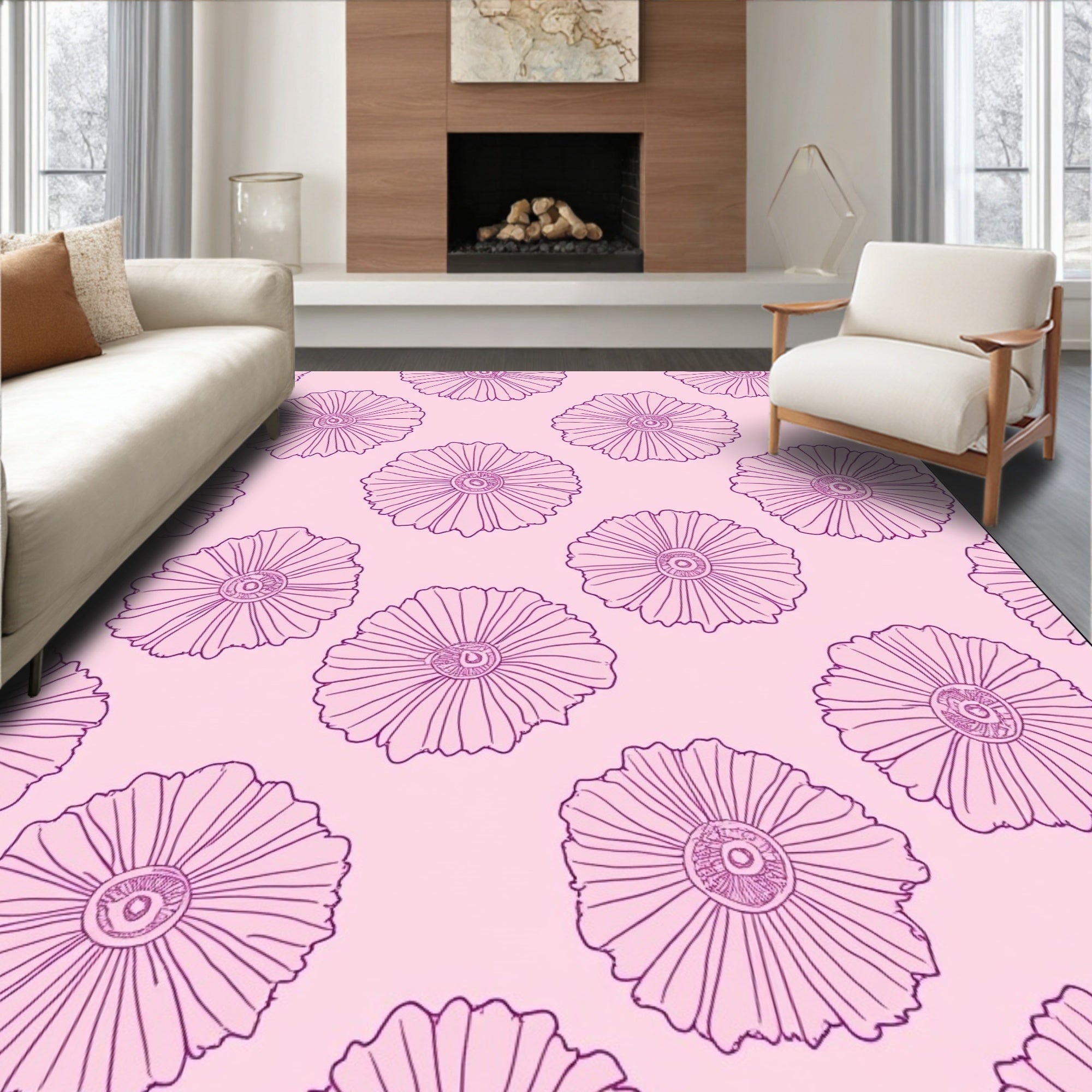 Floral Outline On Pink Background Rug