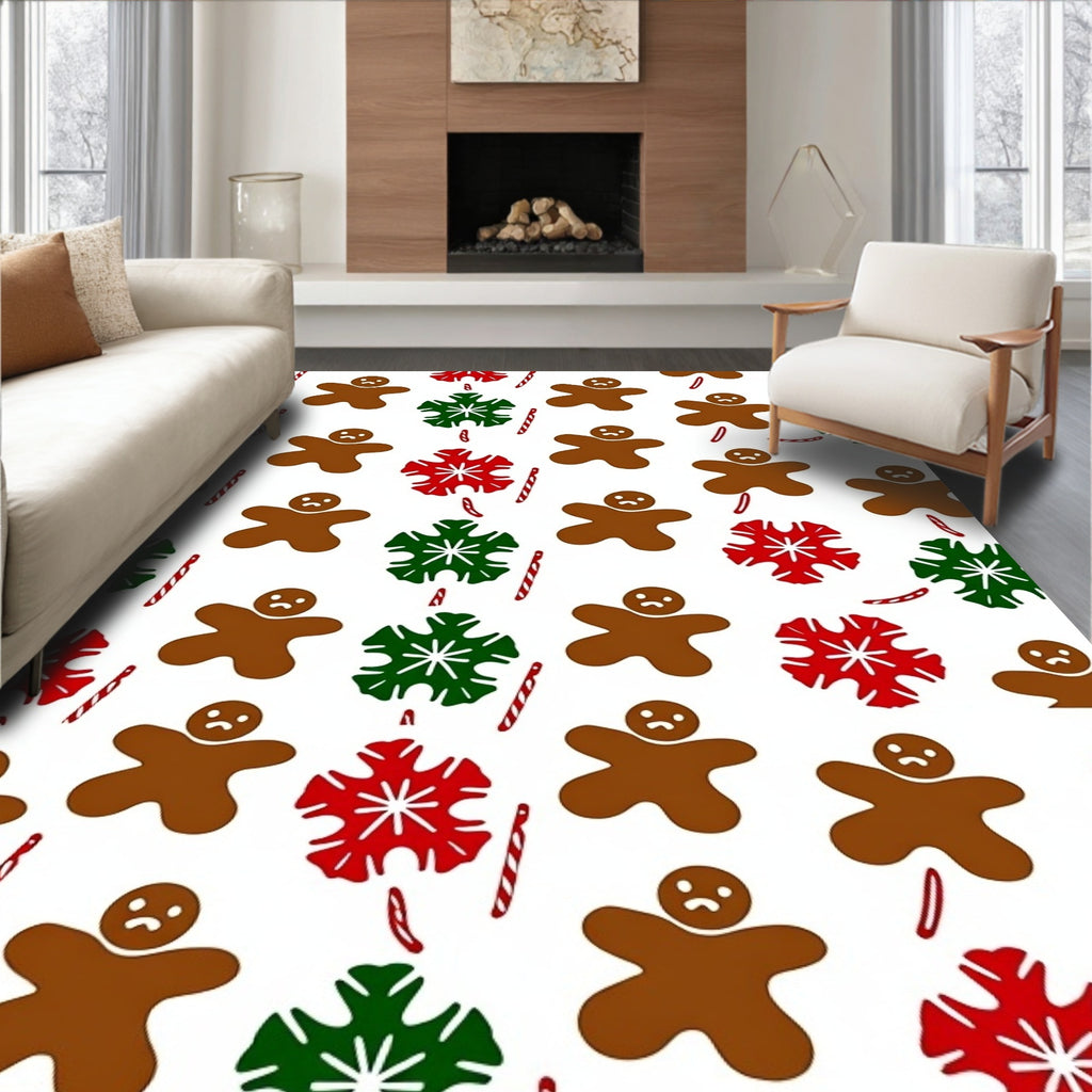 Brown Gingerbread Man Red Green Snowflakes Rug