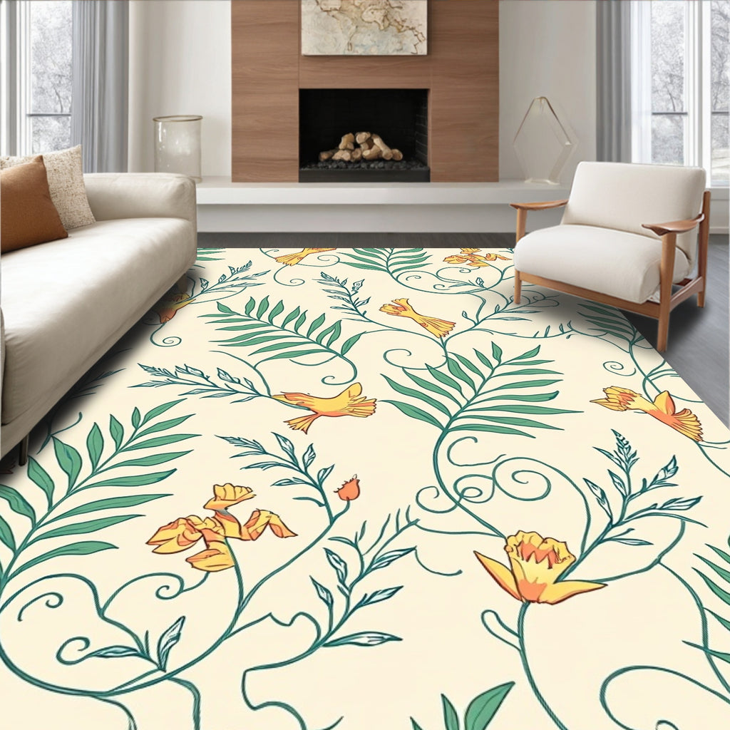 Yellow Birds Foliage Vine Pattern Rug