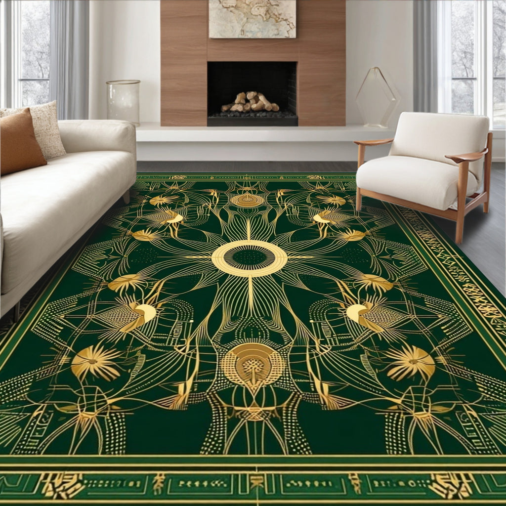 Ornate Emerald Sunburst Geometric Design Rug