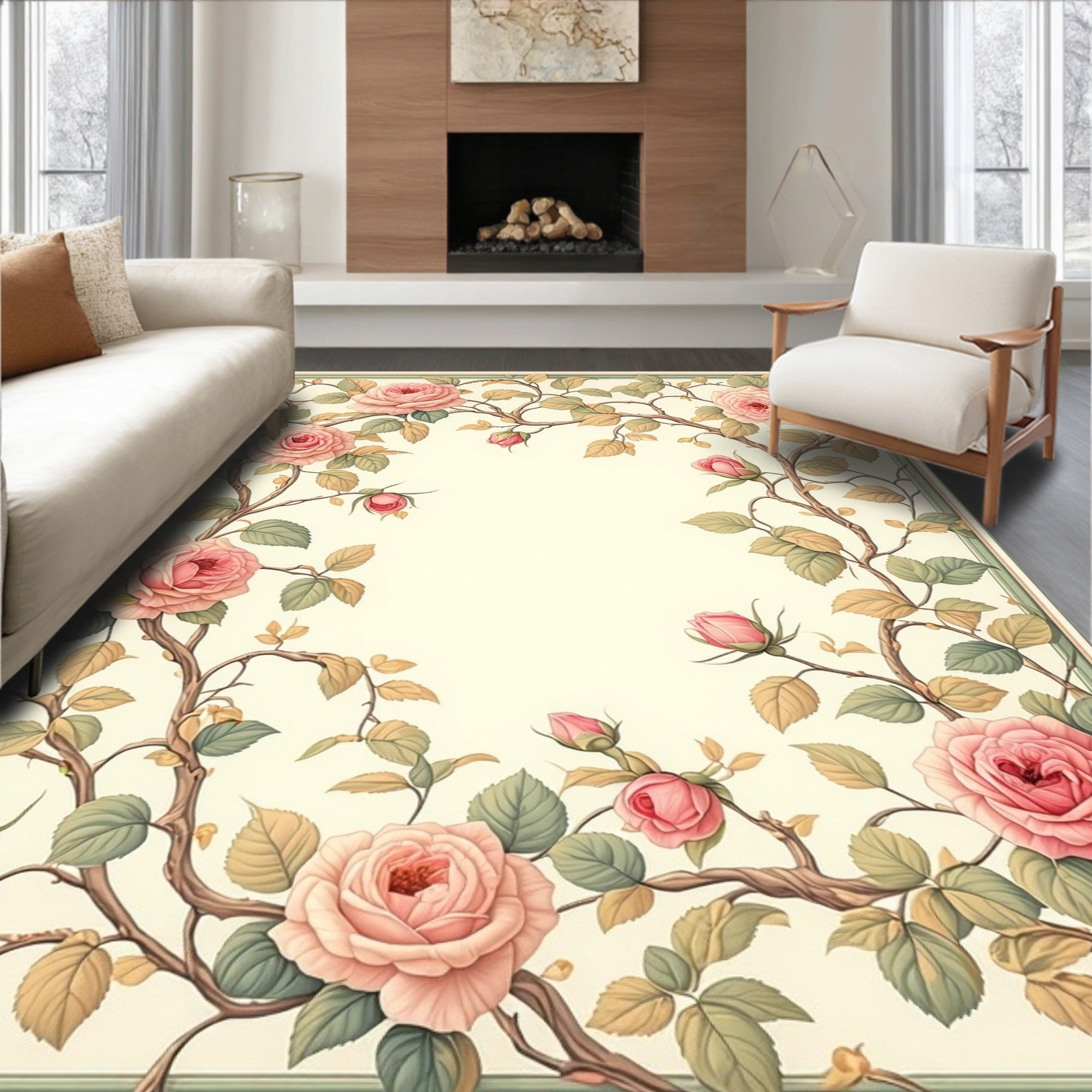 Soft Pink Roses Vine Pattern Rug