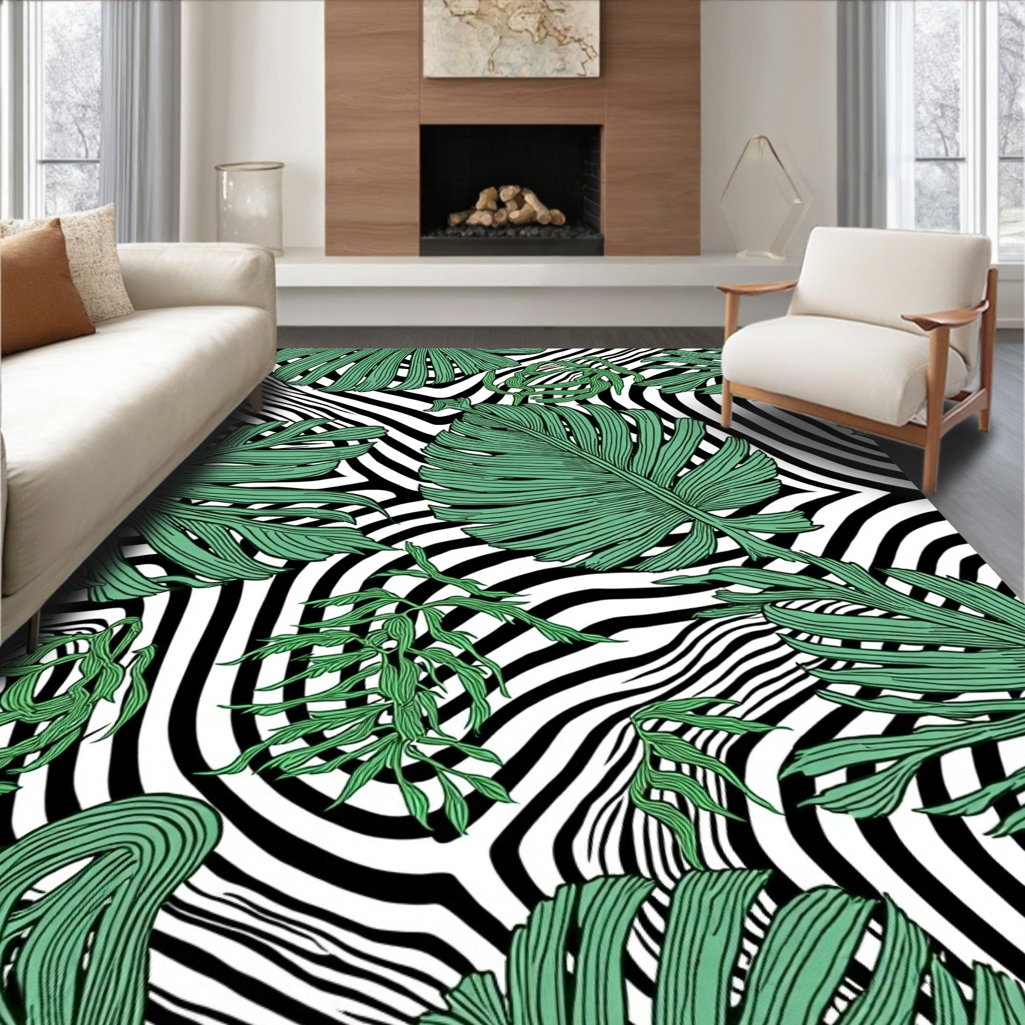 Tropical Leaves Zebra Stripes Design Rug