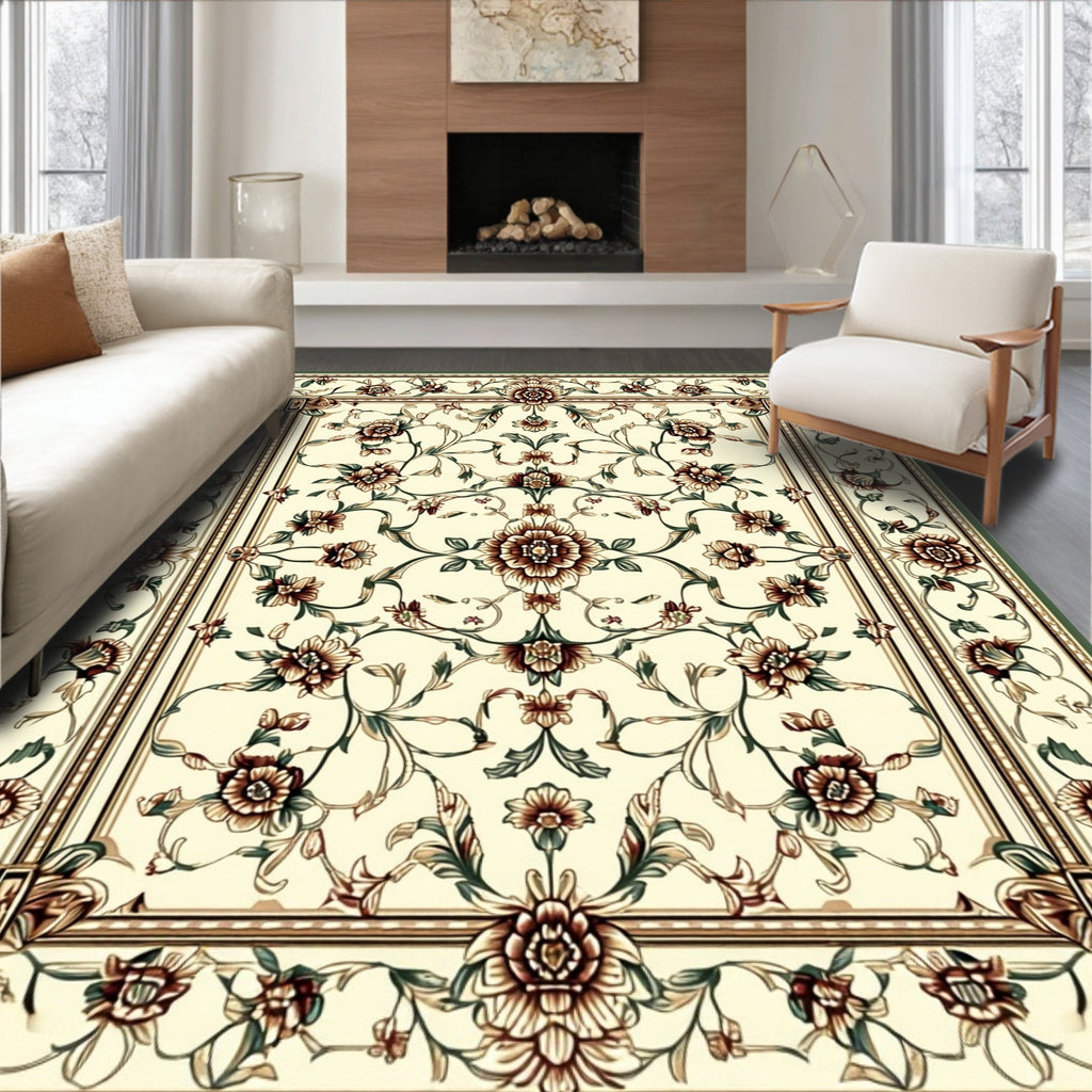 Elaborate Floral Motif Cream Rug