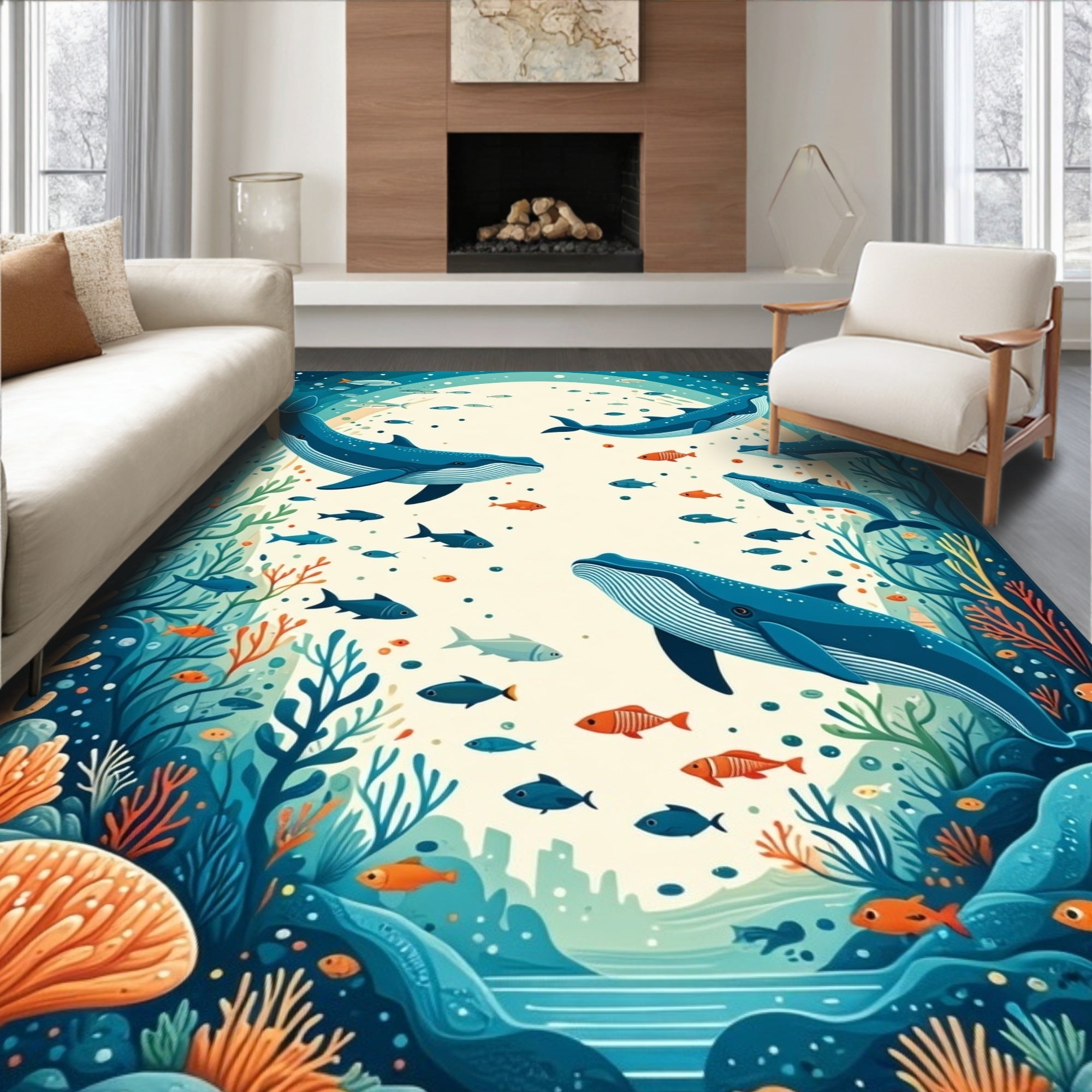 Oceanic Whales Coral Reef Pattern Rug
