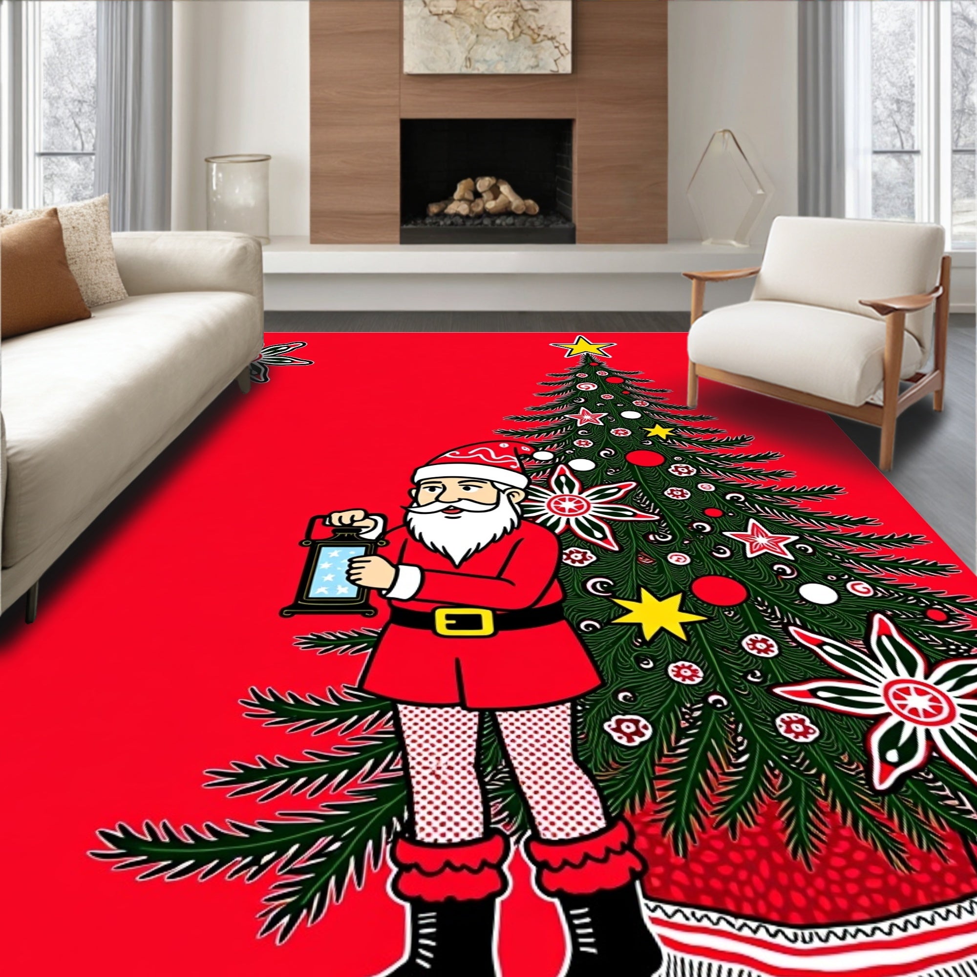 Christmas Santa And Tree Ornament Rug