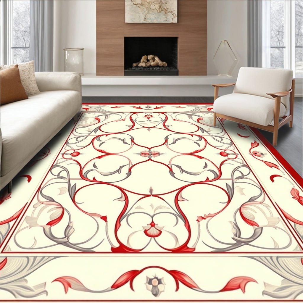 Ornate Red Cream Floral Swirls Area Rug