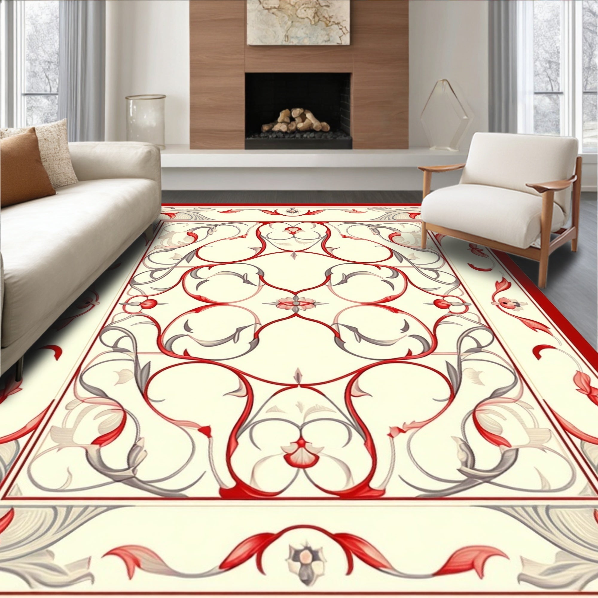 Ornate Red Cream Floral Swirls Area Rug