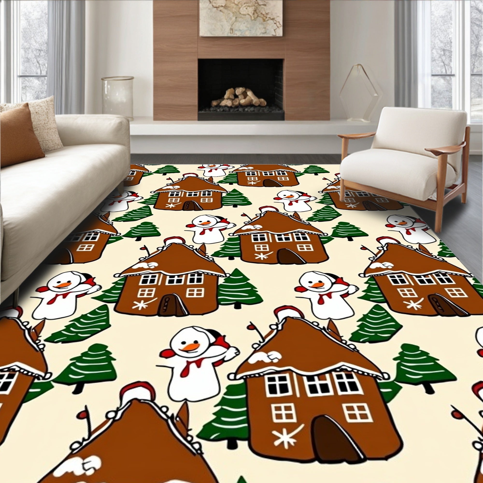Gingerbread Houses and Snowmen Christmas Throw Rug